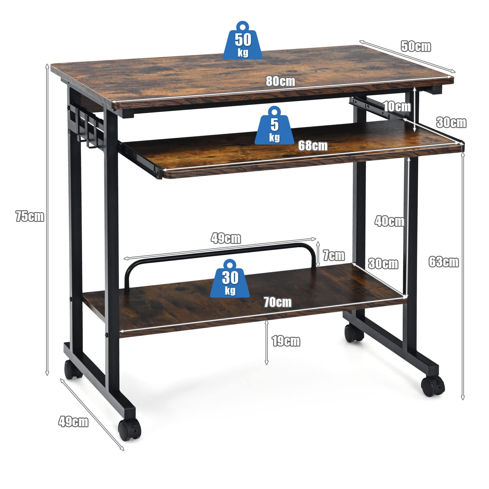 GIANTEX Mobiler Computertisch mit Rollen, Schreibtisch mit breiter Arbeitsfläche, Tastaturauszug, CPU-Ständer & Haken, industrieller PC-Tisch, für Zuhause & Arbeitszimmer, 80 x 50 x 75 cm (Braun)