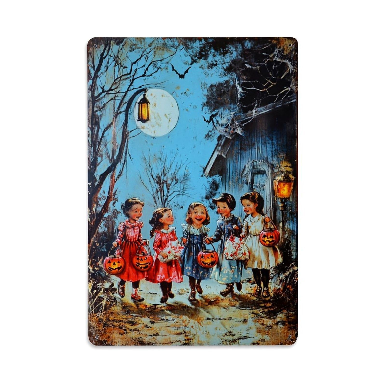 Jdfenggu Vintage Halloween Children Moon Bats House Retro Metal Tin Sign, Decor Art Poster For Bar, Home, Man Cave, Kitchen, Laundry Room Gift 8X12inch