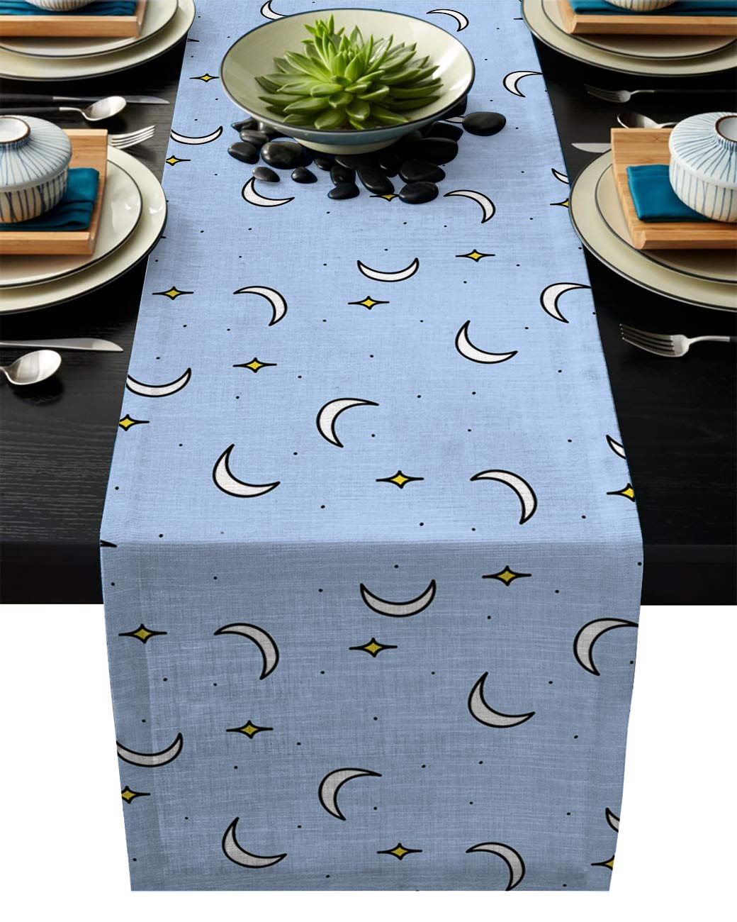 Table Runner Star Moon Blue - Durable Washable Cotton Linen Table Top Cover Placemats for Kitchen Dinning Tea Table Use 13"x70"