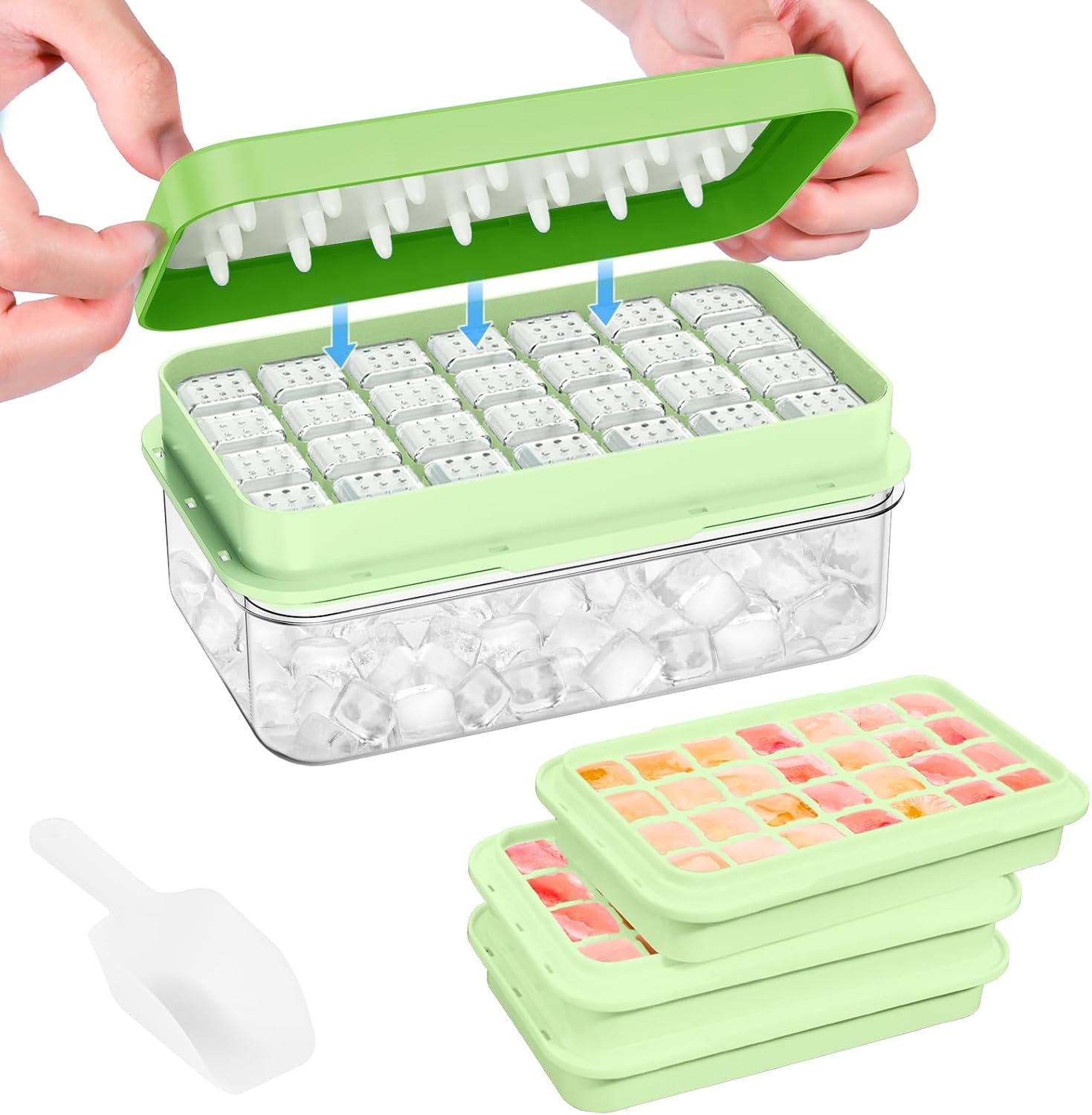 PHINOX Ice Cube Tray with Lid and Bin, 3 Pack Plastic Ice Cube Tray Molds, 84 pcs Ice Trays for freezer, Chilling Drinks, Whiskey & Cocktails, with Ice Container and Ice Scoop, BPA-Free