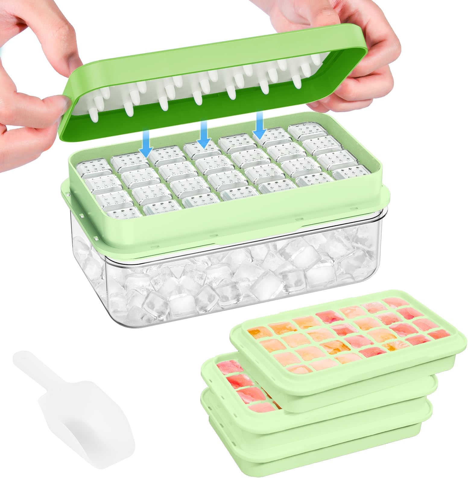 PHINOX Ice Cube Tray with Lid and Bin, 3 Pack Plastic Ice Cube Tray Molds, 84 pcs Ice Trays for freezer, Chilling Drinks, Whiskey & Cocktails, with Ice Container and Ice Scoop, BPA-Free