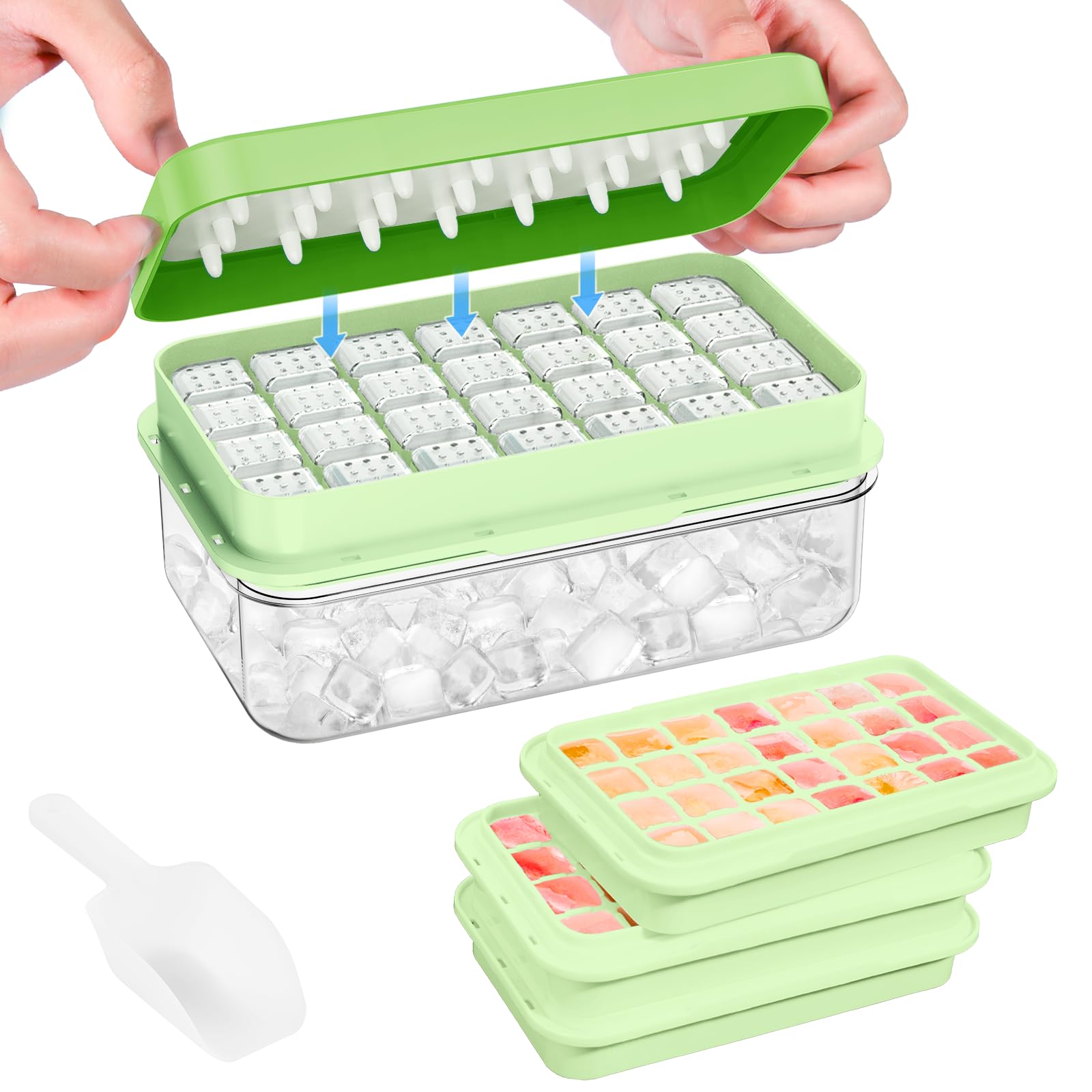 PHINOX Ice Cube Tray with Lid and Bin, 3 Pack Plastic Ice Cube Tray Molds, 84 pcs Ice Trays for freezer, Chilling Drinks, Whiskey & Cocktails, with Ice Container and Ice Scoop, BPA-Free