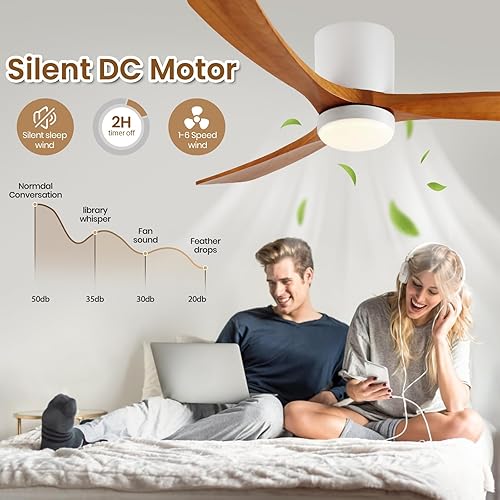 Miniatura 5 de GESUM Ventilador de techo con luces, ventilador de techo de perfil bajo de 52 pulgadas con 3 aspas de madera, reversible, regulable, ventilador de
