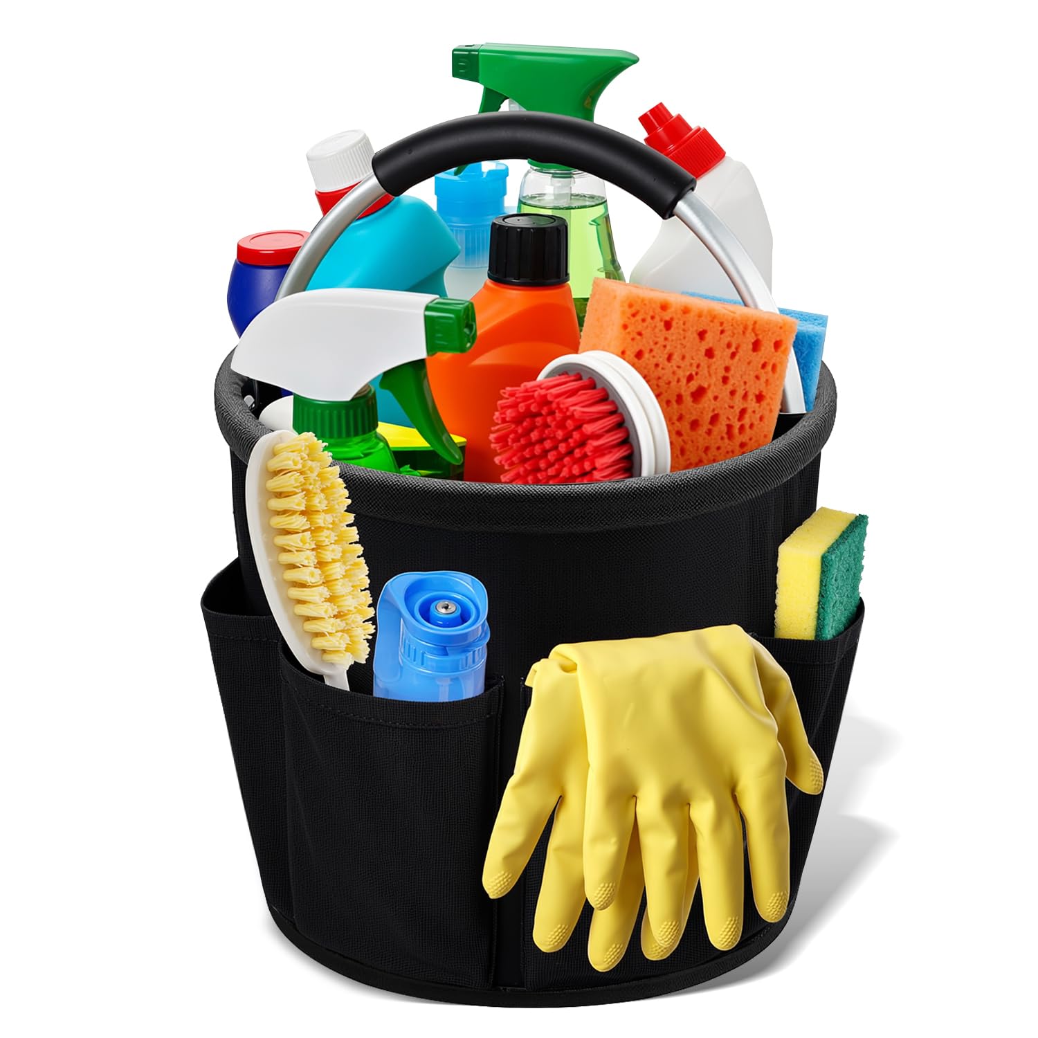 Organizador portátil para productos de limpieza, plegable con asa, bolsa de limpieza portátil, con 6 bolsillos, organizador universal de limpieza, para dispositivos, utensilios de limpieza (negro)