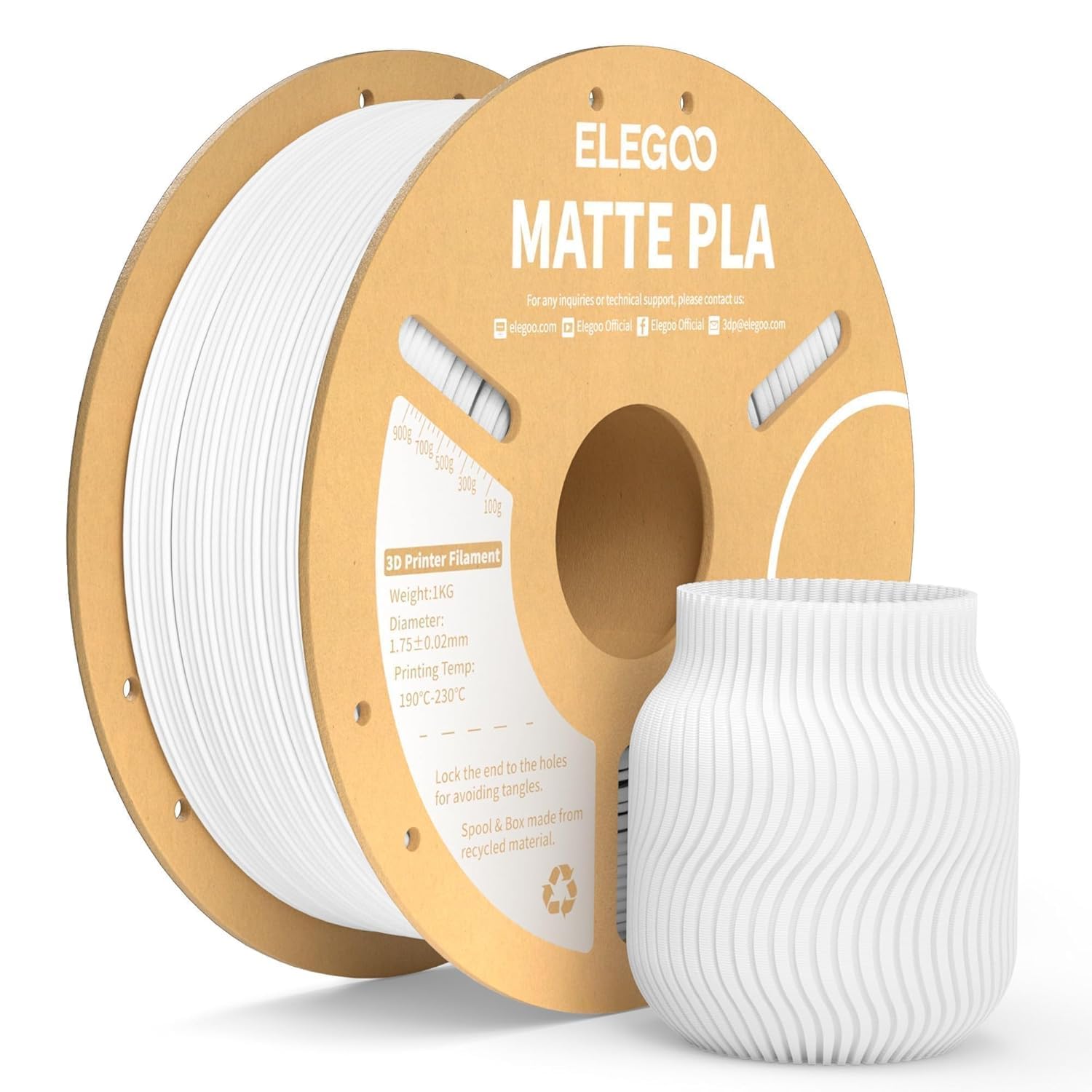 ELEGOO Matte PLA Filament White 1KG, 1.75mm 3D Printer Filament Dimensional Accuracy +/- 0.02mm, 1kg Carboard Spool (2.2lbs) for Most FDM 3D Printers-image-39