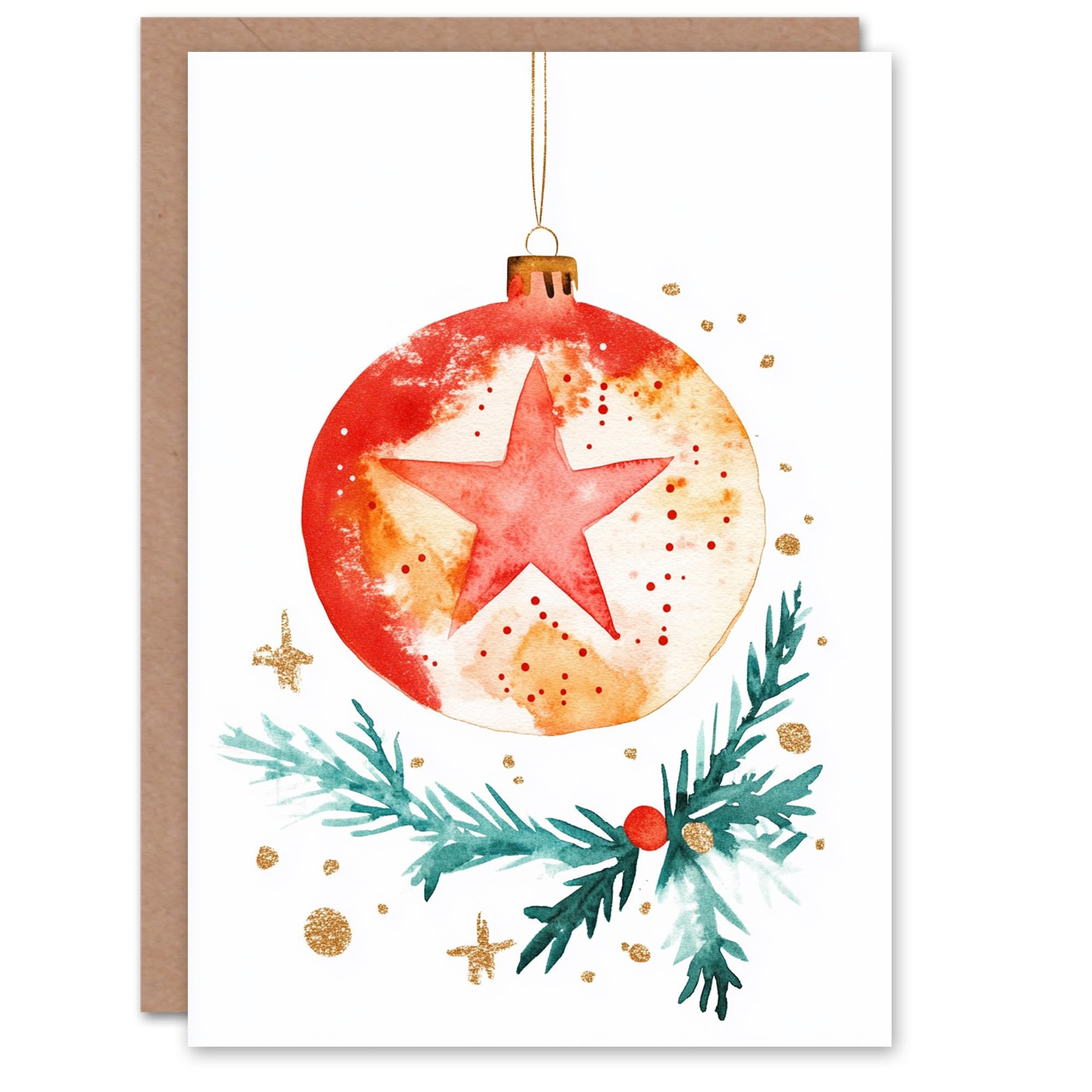 Artery8 Bauble With Star Ornament And Holly Blank For Him Or Her Art Xmas Festive Christmas Card