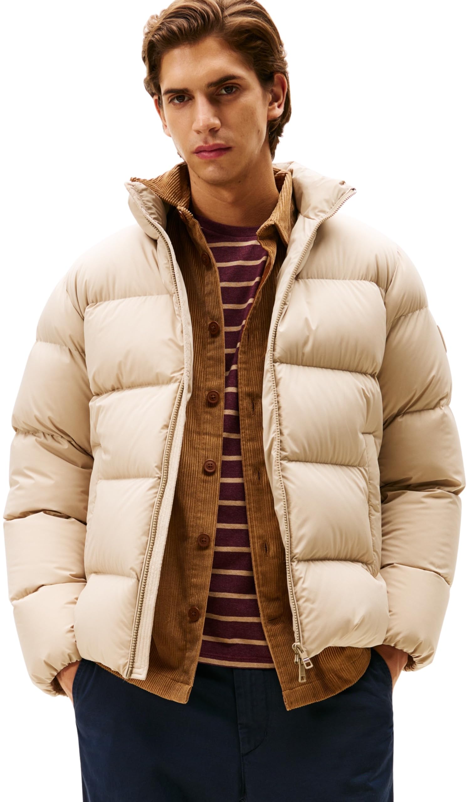 Tommy Hilfiger Men’s Down Puffer Jacket with Stand Collar, Beige (Sandalwood), XXL