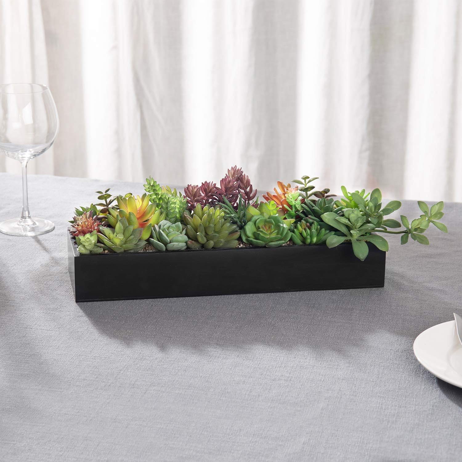 MyGift Artificial Succulent Centerpiece, 15.75 Inch Faux Succulents Arrangement Plants in Rustic Burnt Wood Rectangular Planter Box