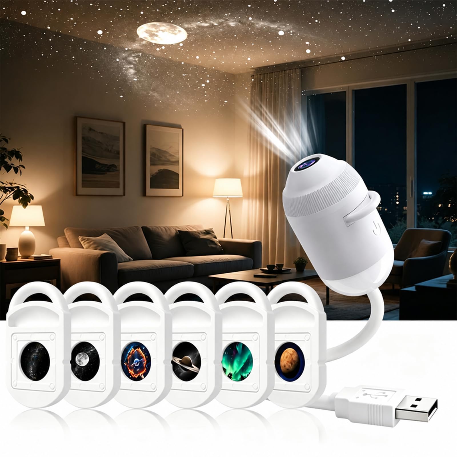 2026 New Hd Smart Dynamic 5d Holographic Night Light Projector, Plug and Play HD Star Projector with 3/6/12/24 Projection Films, 360° USB Galaxy & Moon Ocean Projectors Light (6 Projection Films)