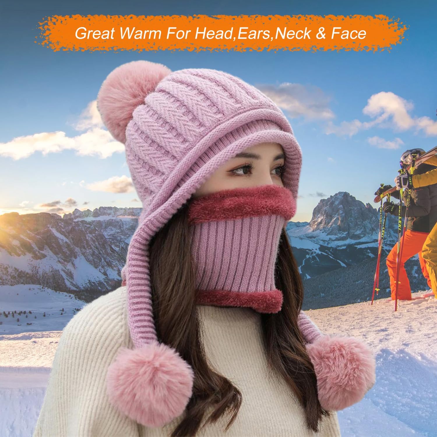 Women Winter Beanie Hat Circle Scarf Set Pompoms Peruvian Ski Snow Ear Flaps Cold Weather Warm Sherpa Knit Hats Fleece Lined - Image 4