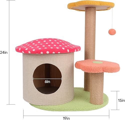 Miniatura 5 de Adorable árbol para gatos con casa de hongos rojos y poste rascador de sisal, actividad de escalada para gatos, gatitos, mascotas, 3 capas de 23.6