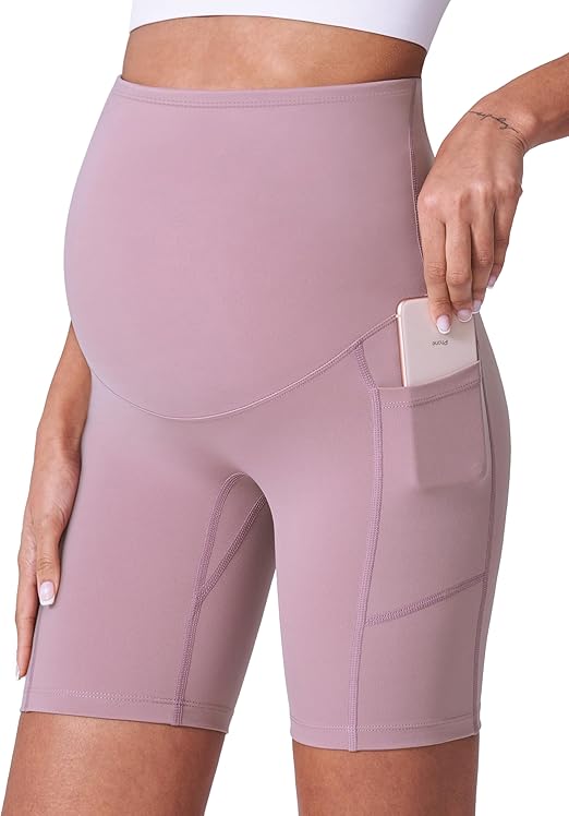 POSHDIVAH Women's Maternity Shorts Over The Belly Biker Yoga Active Pregnancy Workout Short Pants with Pockets 8"