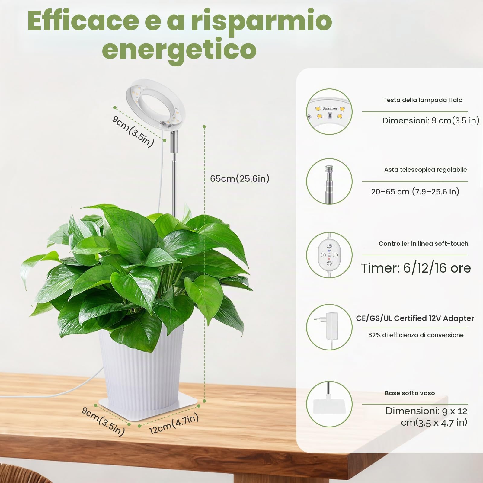 Lampada per piante da interno 12V, lampada crescita LED a spettro completo con luce rossa 660 nm, piccola grow light halo con base sotto vaso, dimmerabile con timer, 6W, PPFD 118 µmol/s/m²@15 cm