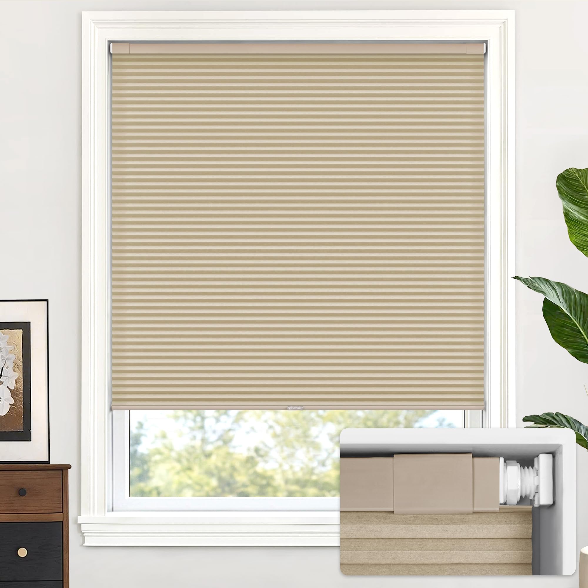 LazBlinds Cordless Cellular Shades, No Tools No Drill Light Filtering Honeycomb Shades Pleated Blinds for Windows, 35'' W x 48'' H, Taupe
