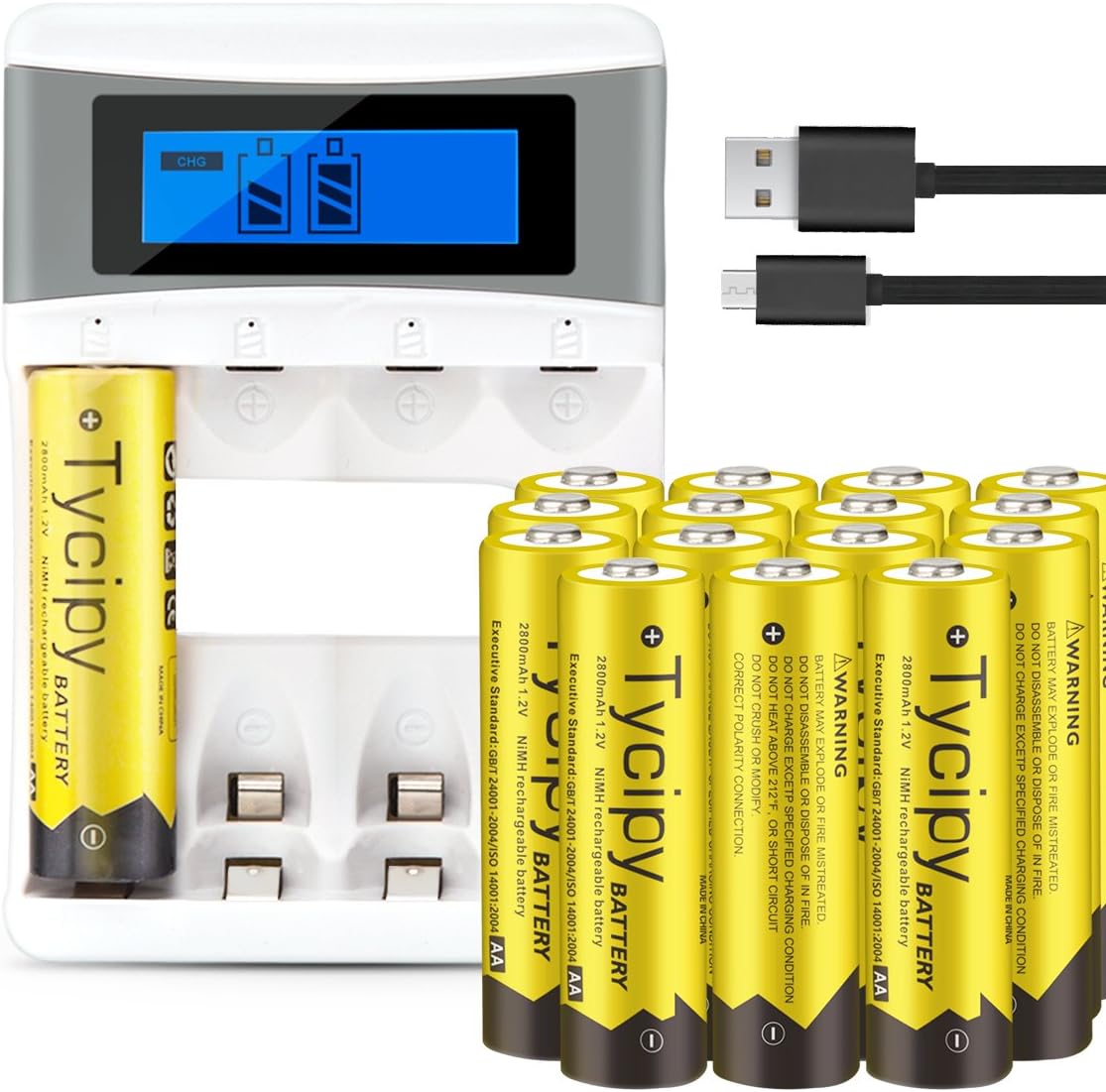 Tycipy 16 Pack 1.2V 2800mAh Rechargeable Ni-MH AA Batteries and 4 Bay AA AAA Battery Charger