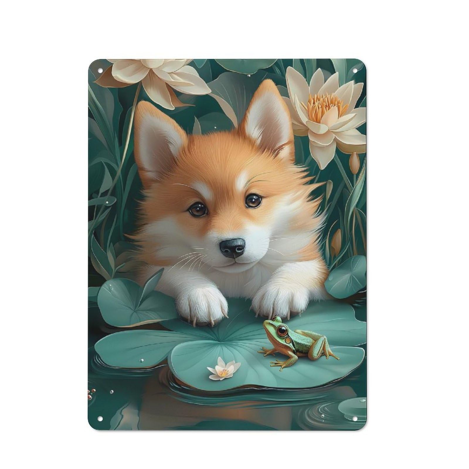 Junmoney Corgi Puppy With Frog On Lilypad Vintage Tin Sign 40X30cm Featuring For Workshop Wall, Gift For Metal Sign Collectors During The Christmas Season