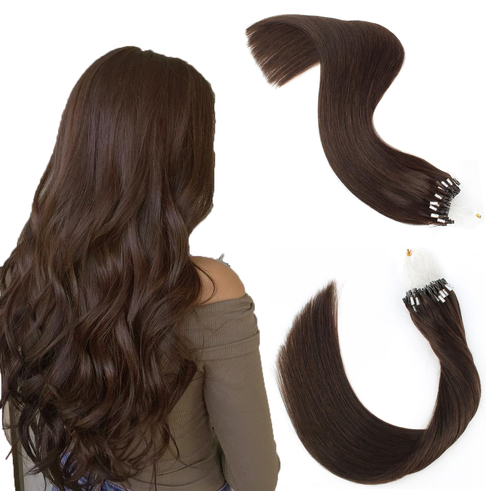 ABH AmazingBeauty HAIR Micro Ring Human Hair Extensions 24in Brown Chocolate Brown Hair Extensions Invisible Micro Beads Straight 50g/50strands