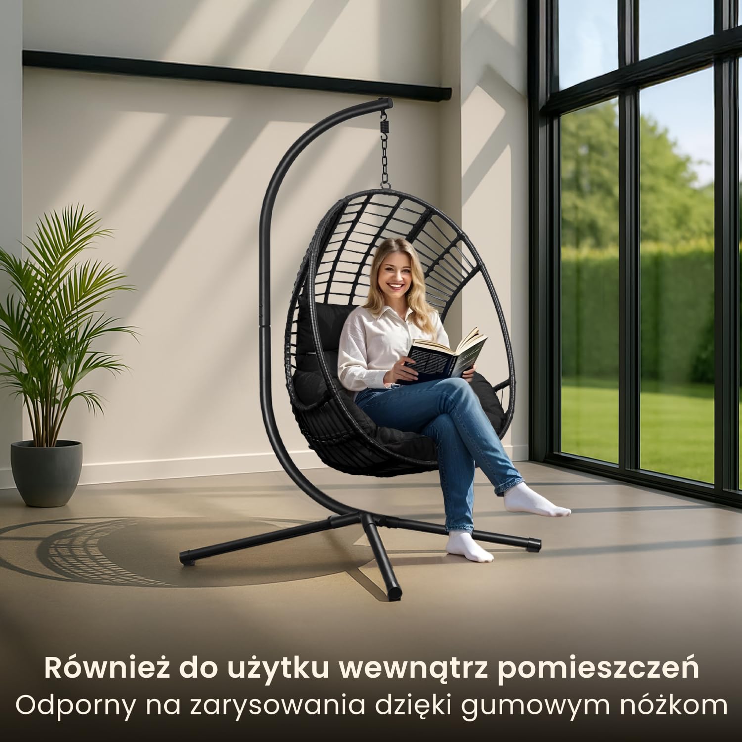Fotel wiszący Swoods XXL Egg - Fotel wiszący ze stojakiem - Do wnętrz i na zewnątrz - Zawiera poduszki - Odporny na warunki atmosferyczne - Fotel Egg - do 150 kg (Czarny)