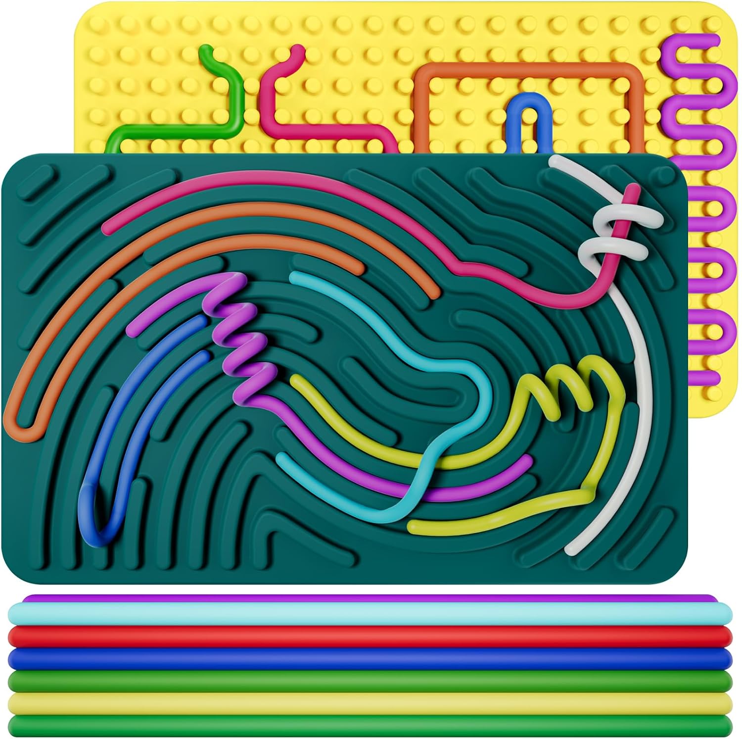 INKLAB 2PCS Sensory Activity Board, Silicone Fidget Toy, Silicone Fidget Toy for Calming, Stress, Anxiety, ADHD and Autism, Sensory Fidget Toys for Kids 5-7, Ages 3+ & Adults, Dark Green and Yellow