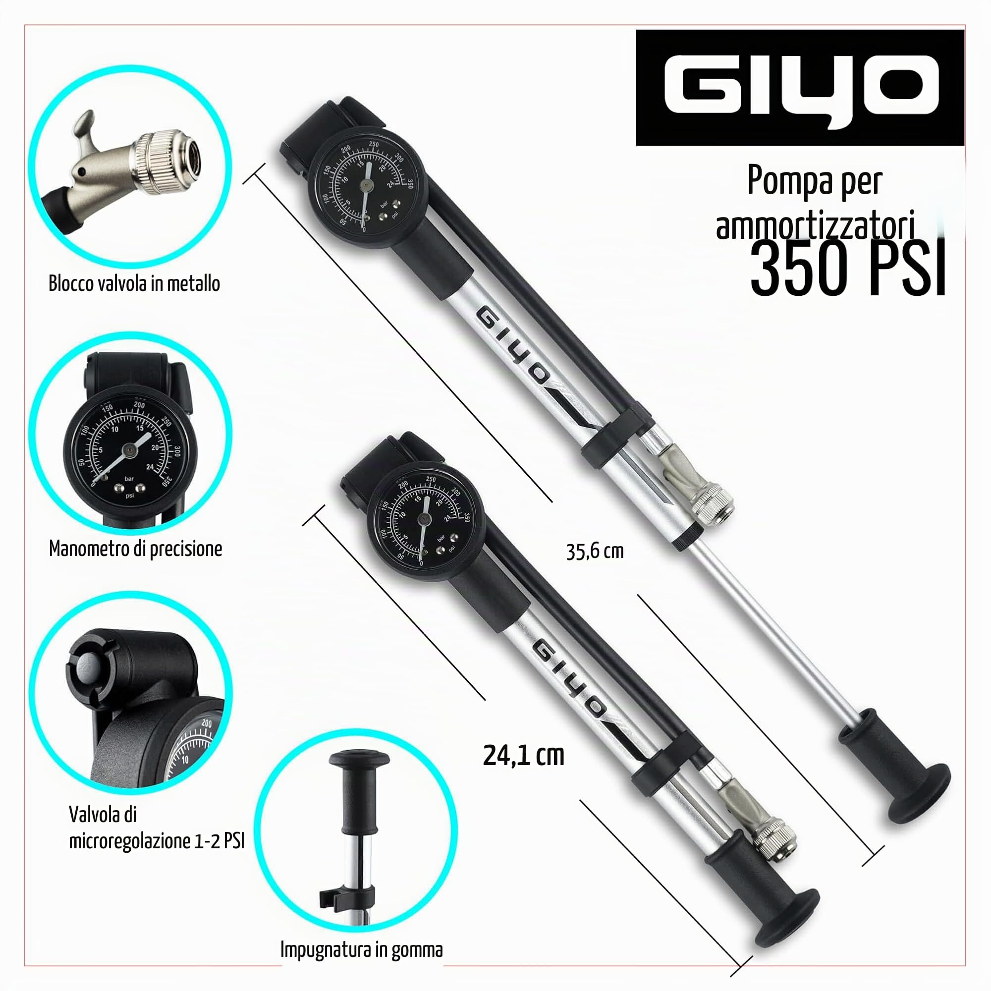 GIYO - Pompa per ammortizzatori ad alta pressione (350 PSI) – Forte leva di bloccaggio per nessuna perdita d'aria, fusto in alluminio, manometro da 3,8 cm, regolatore di scarico micro-regolabile, tubo