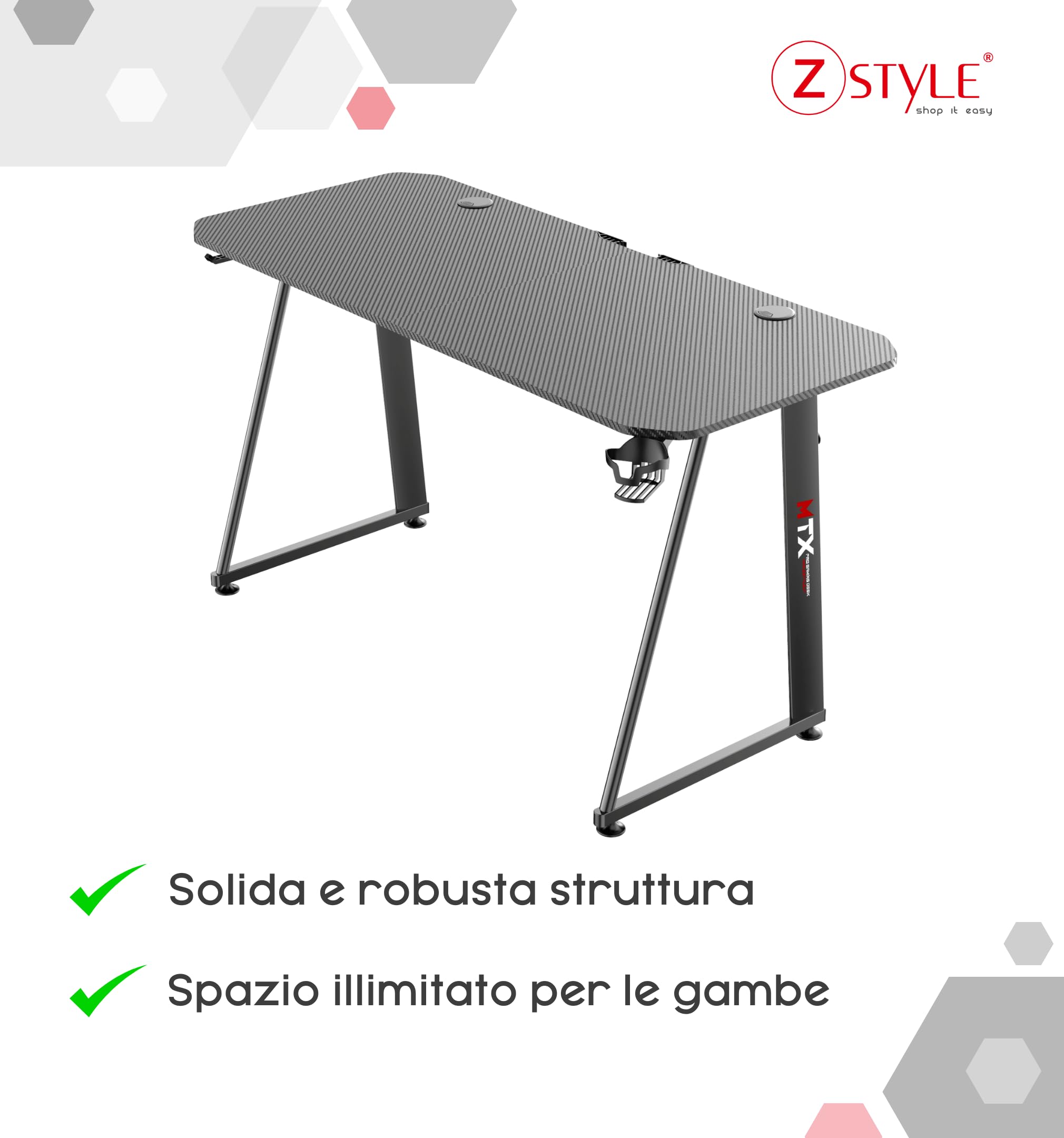 ZStyle Tavolo scrivania da Gaming Desk Postazione Computer Carbonio porta Cuffie Portabicchiere Laptop da Gioco Gestione Cavi Ergonomica Gamer (M)