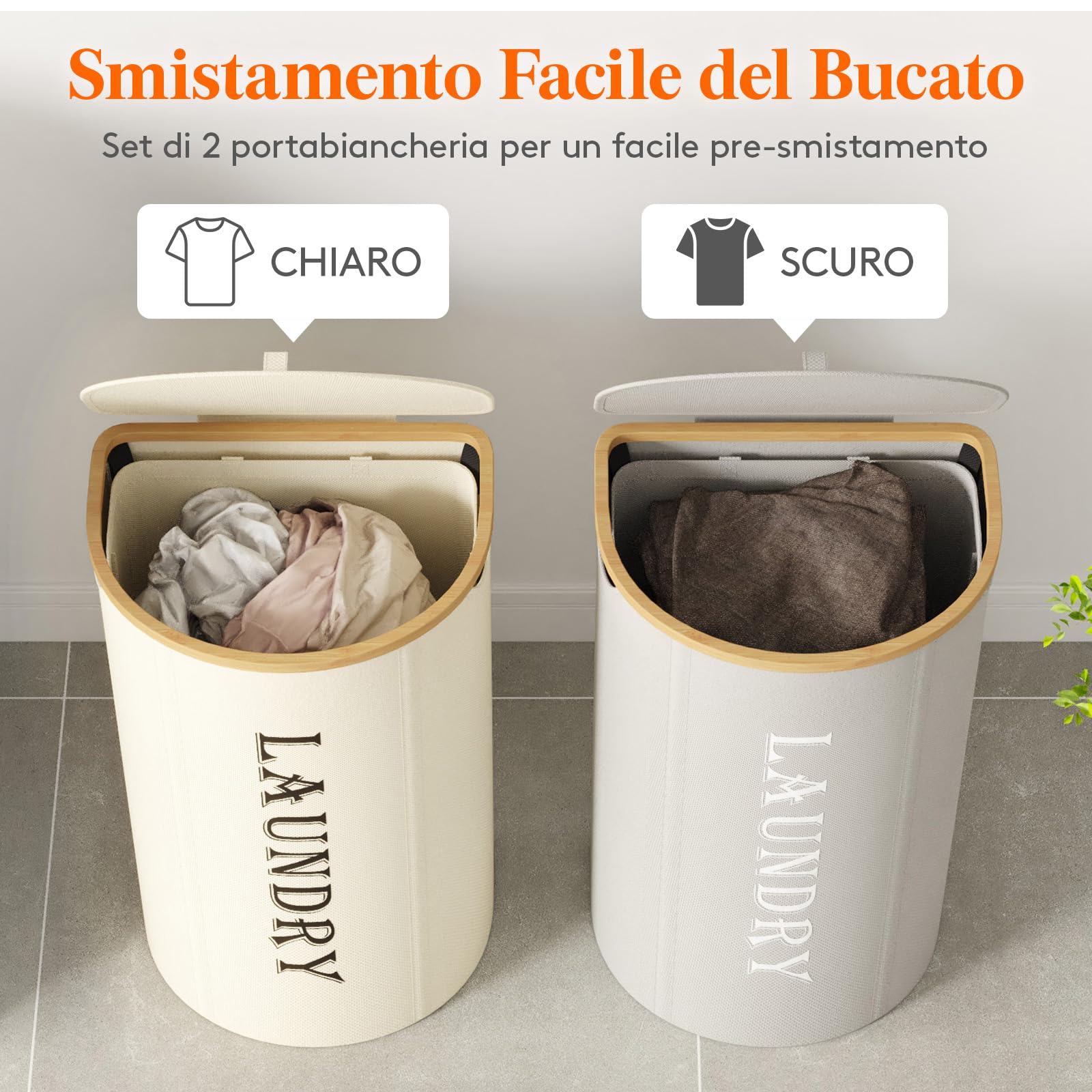 Lifewit Set di 2 cesti portabiancheria da 170 litri con coperchio, 2 scomparti e 2 sacchetti portabiancheria rimovibili, pieghevoli per lavanderia, camera da letto, bianco e grigio argento