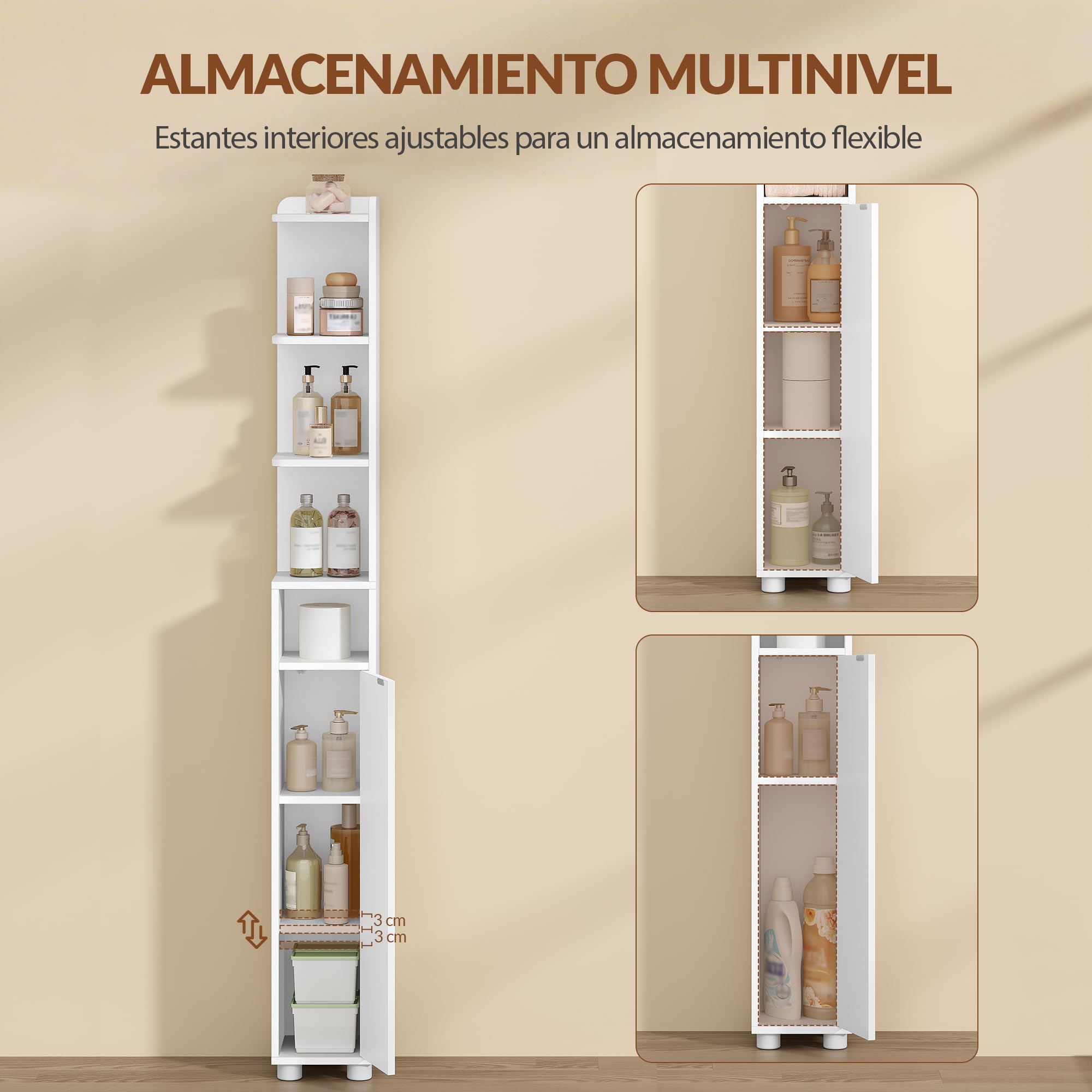 Mueble Auxiliar de Baño Estrecho, 20 x 20 x 177 cm, Blanco | Armario Auxiliar de Baño, Estantes Ajustables en Altura, FFBC012PW1