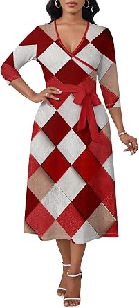 Womens 3/4 Sleeve Midi Dress V Neck Fit and Flare A-Line Wedding Guest Church Dress with Pockets S-3XL
