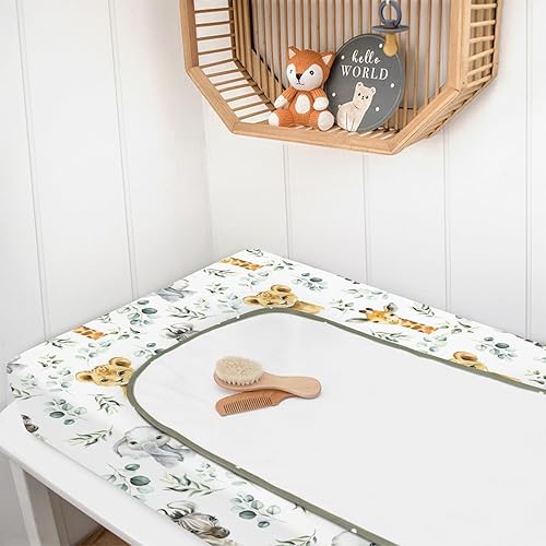 Miniatura 5 de Cambiador de pañales con estampado de hojas de eucalipto y animales africanos de safari, jirafa, elefante, león, cebra, cambiador, elástico, seguro,