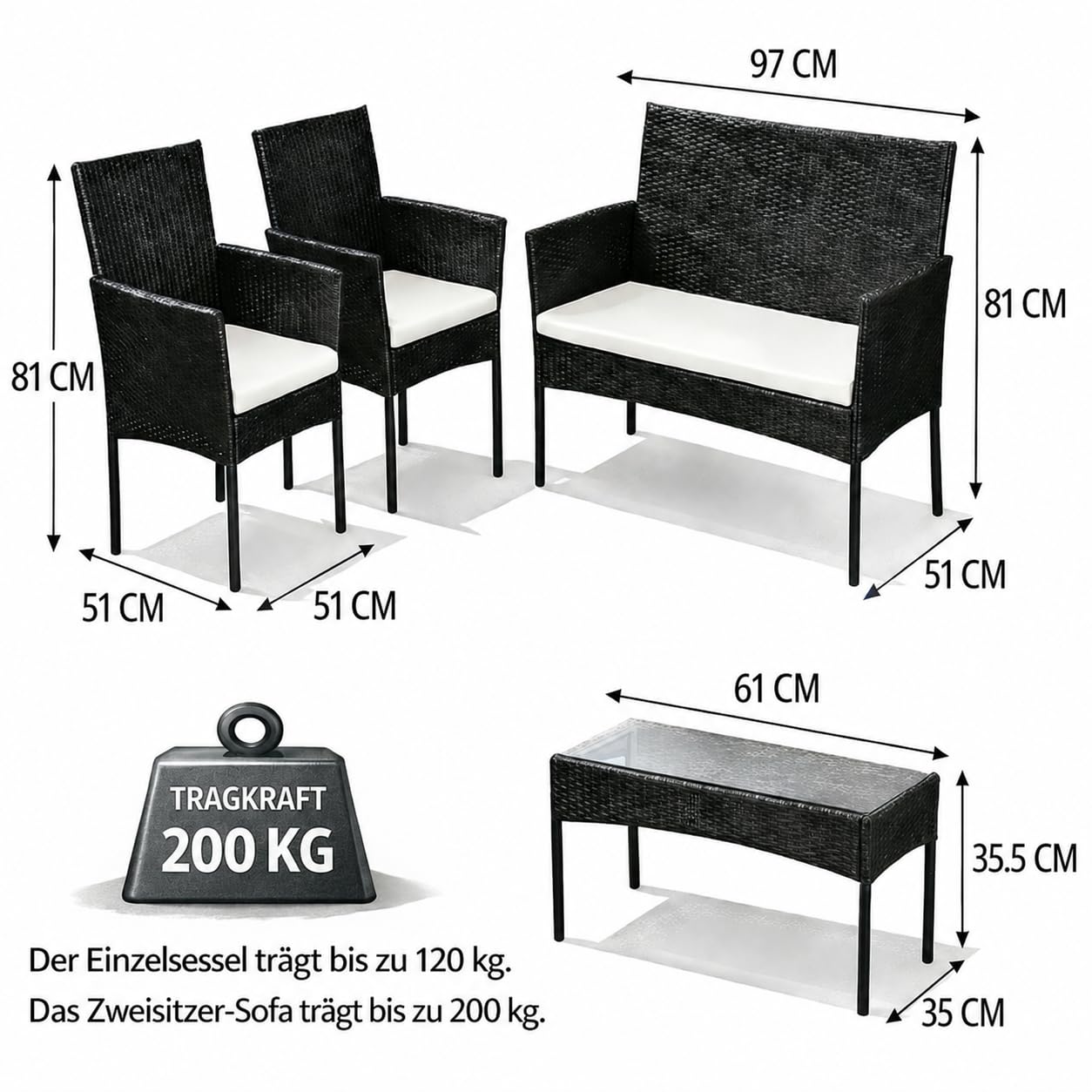 Set di mobili da giardino in rattan sintetico, 4 pezzi, con tavolo in vetro, 2 poltrone e panca a 2 posti, con cuscini da 5 cm, per balcone, terrazza, giardino, colore nero