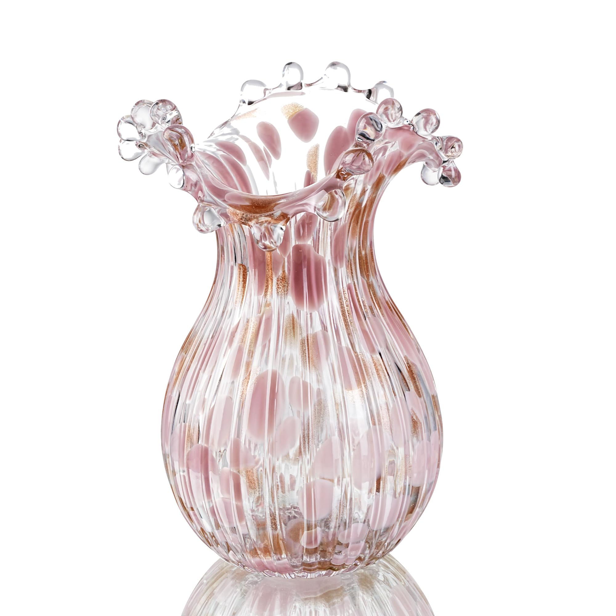 QFkris Handblown Glass Vase, Modern Art Flower Vase with Pink Petal Decorative for Home Decor, 8.5 inch Tall for Living Room Dining Tabletop Centerpiece Statement Office Decoration