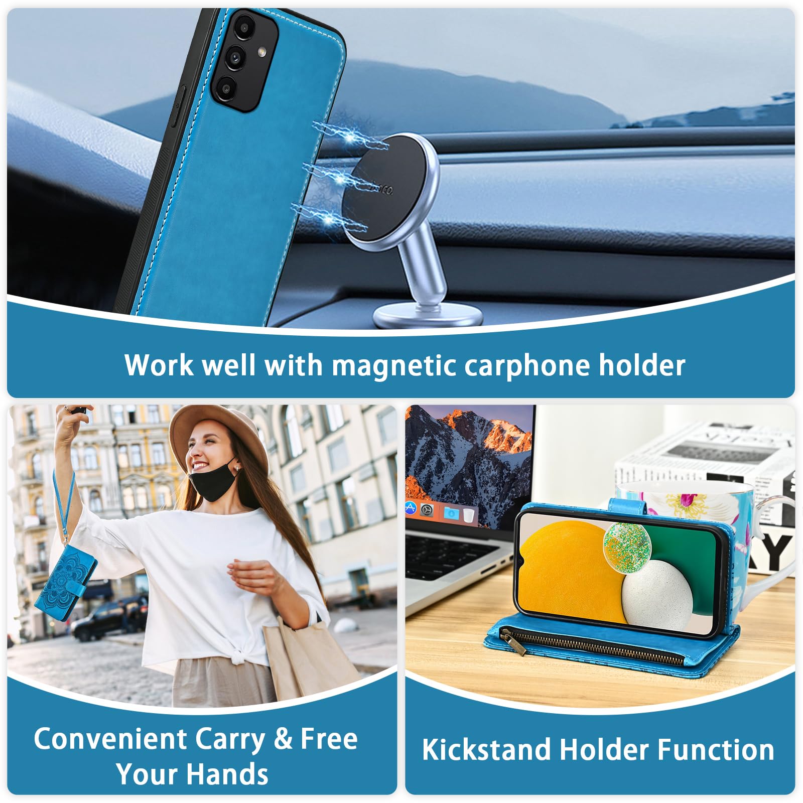 Asuwish Coque de téléphone pour Samsung Galaxy A13 5G avec fermeture éclair, portefeuille amovible, avec protection d'écran en verre trempé, sangle porte-cartes, motif floral A04S M13 G5 A 13 2022 13A
