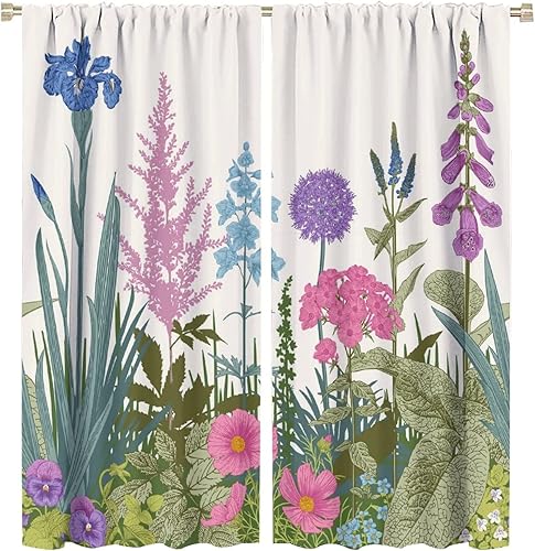 Miniatura 512 de Retro 70s Floral Blackout Window Curtains, Watercolor Flower Plant Rustic Modern Style Pattern Window Drapes, for Bedroom Living Room 42x45in 2