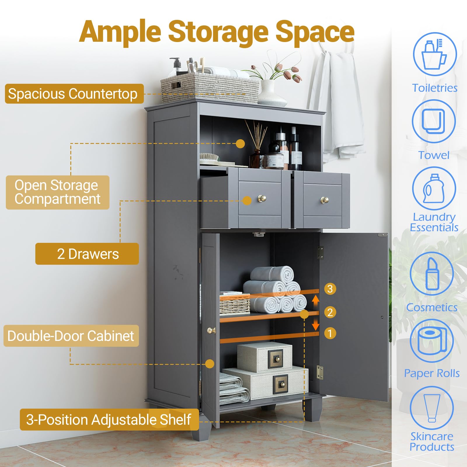 LIFEZEAL Mueble de baño para Ahorrar Espacio, Mueble de baño de Suelo, 56 x 30 x 108 cm, Moderno, con 2 cajones y 2 Puertas, Compartimento Abierto, Armario autoportante, Madera, para salón (Gris)