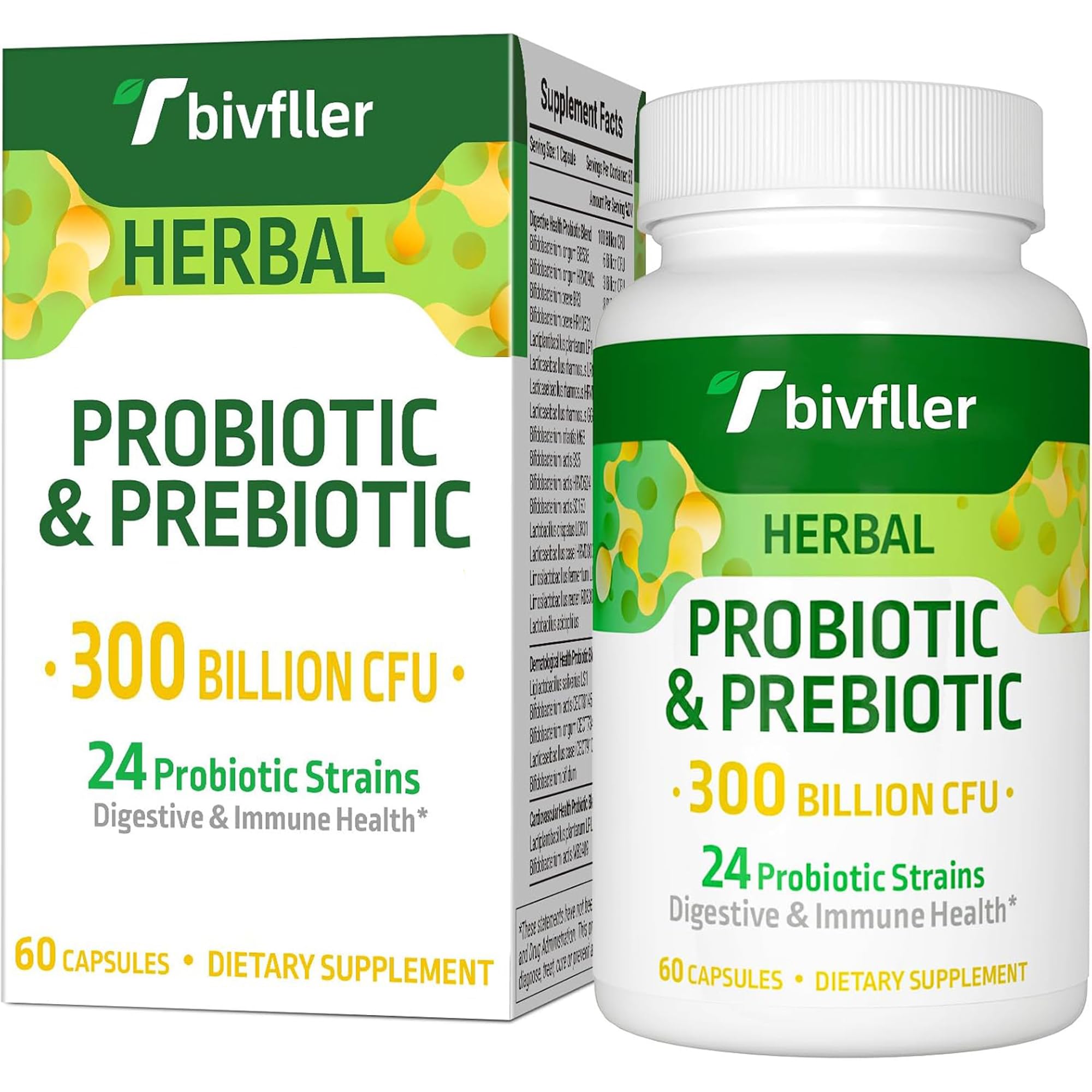 Tbivfller Probióticos com prebióticos, 24 cepas e 15 ervas orgânicas, 300 bilhões de UFC, 60 cápsulas