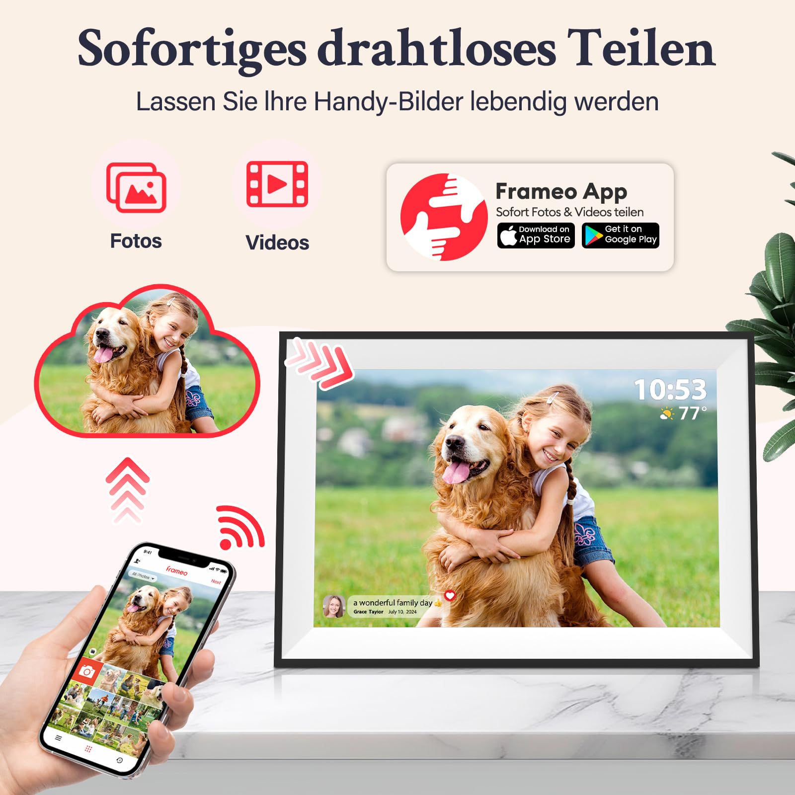 Frameo Marco de Fotos Digital WiFi de 10,1 Pulgadas, Pantalla táctil IPS HD de 1280 x 800, Marco de Fotos de 32 GB, rotación automática, Montaje en Pared, Compartir Fotos a través de la aplicación