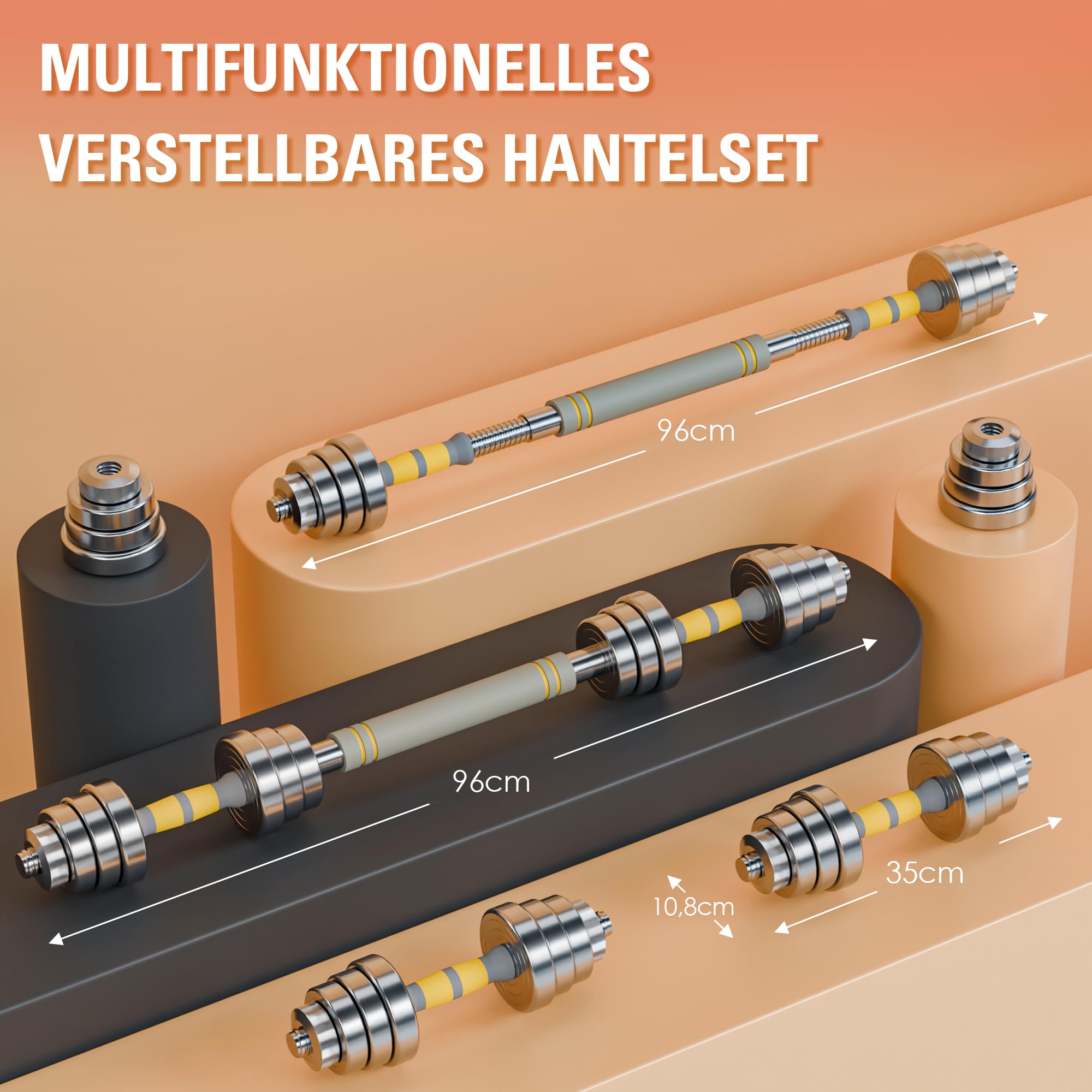 Verstellbare Stahl Hanteln Set 2er 20KG/30KG, 2-in-1 Kurzhantel & Langhantel mit Verbindungsstange und 2 Hantelhalter, Fitness Gewichte für Heim Gym Krafttraining Männer & Frauen