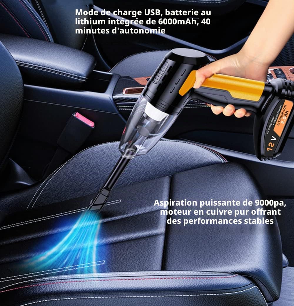 Aoun Aspirateur De Voiture Portable sans Fil Et Gonfleur De Pneus avec Manomètre, Écran LCD Et Lumière LED, Aspirateur à Main à Forte Aspiration 9000pa, Rechargeable électrique Pompe à Air sans Fil