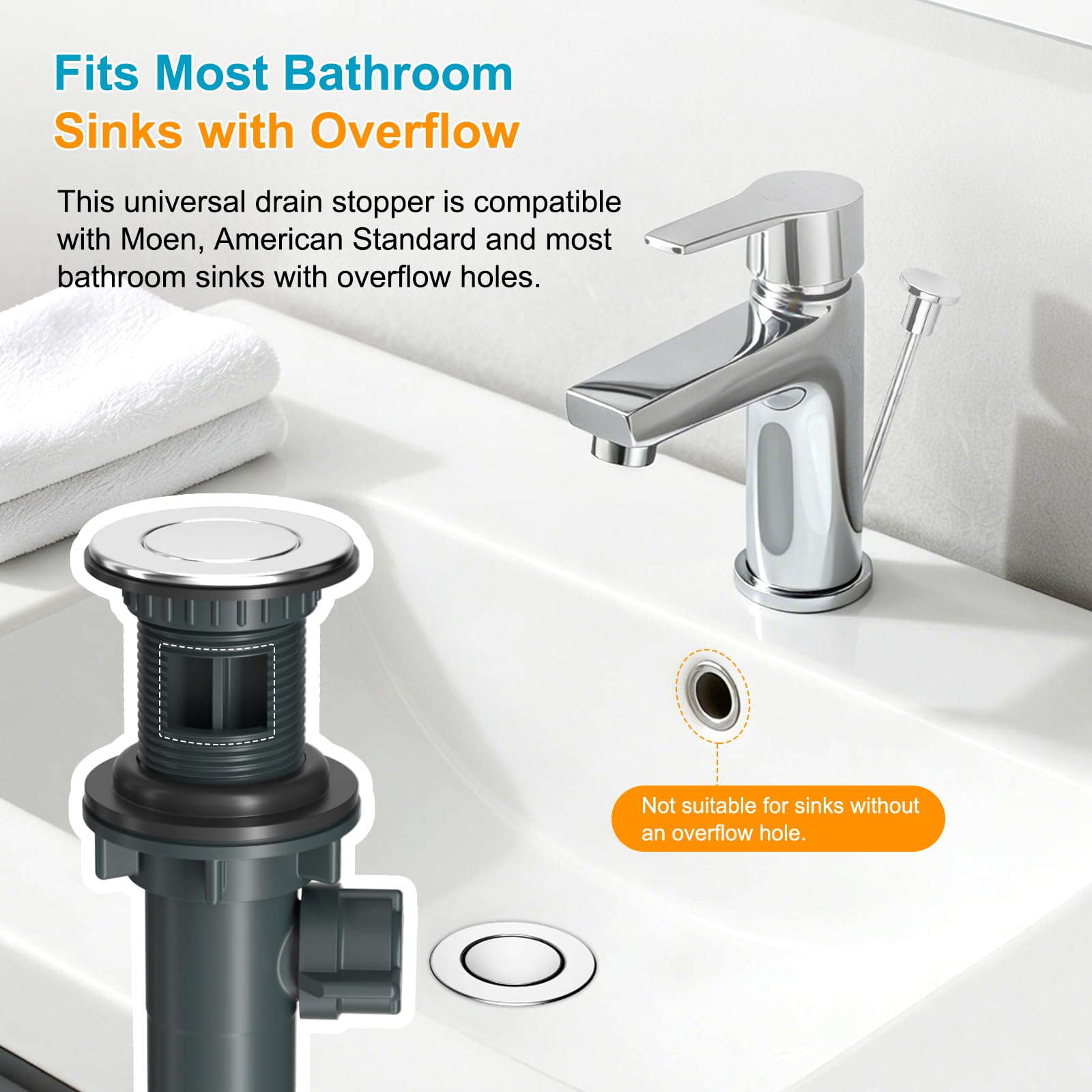 Tapón de drenaje para fregadero de baño, montaje de recipiente de drenaje para Moen, paquete de 2 unidades, tapón para lavabo con varilla de desbordamiento y elevación, cromado