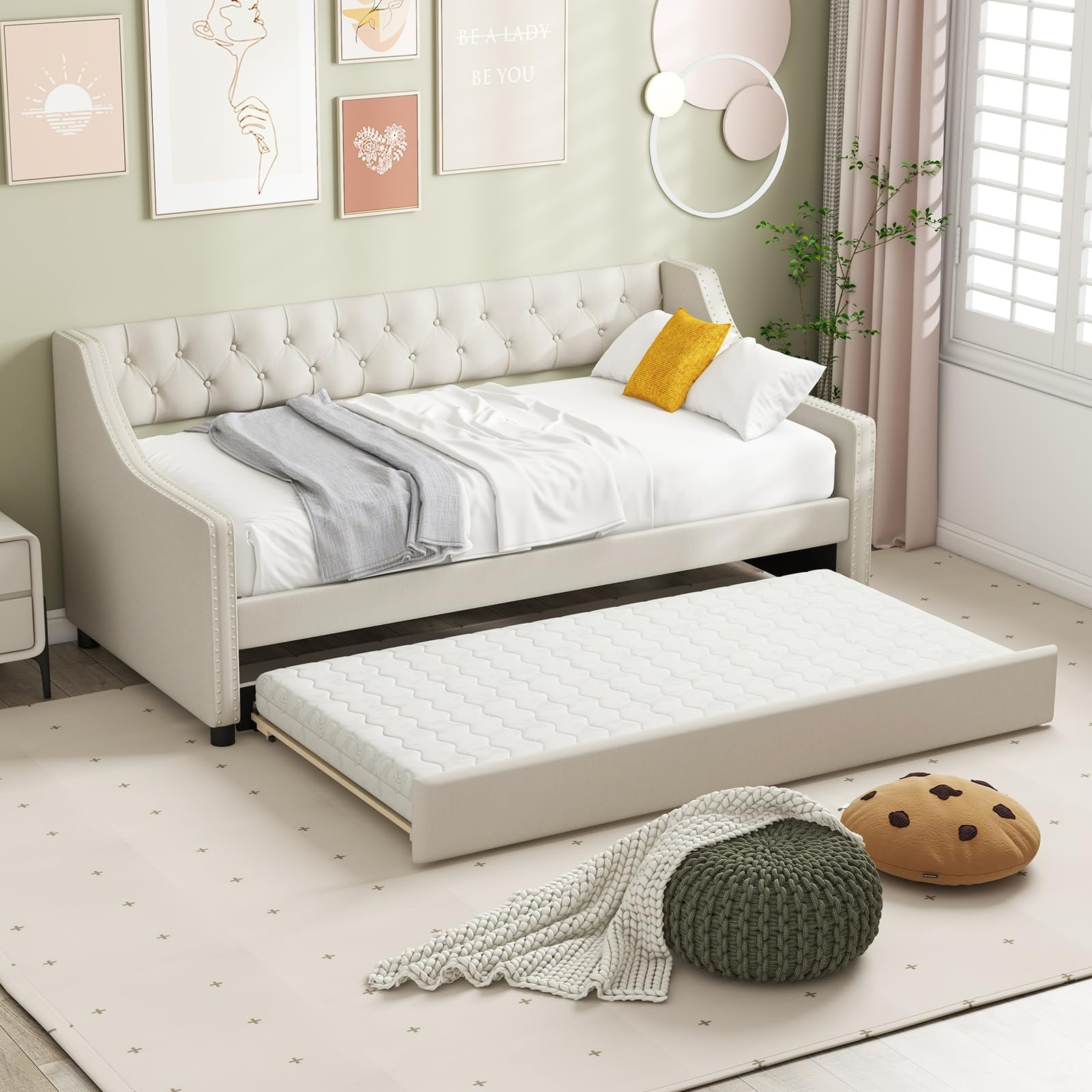 COSTWAY Linen Upholstered Daybed with Trundle, Single Sofa Bed Frame with Button-Tufted Backrest and Wooden Slats Support, 2-in-1 Platform Day Bed for Bedroom Living Room (Beige)