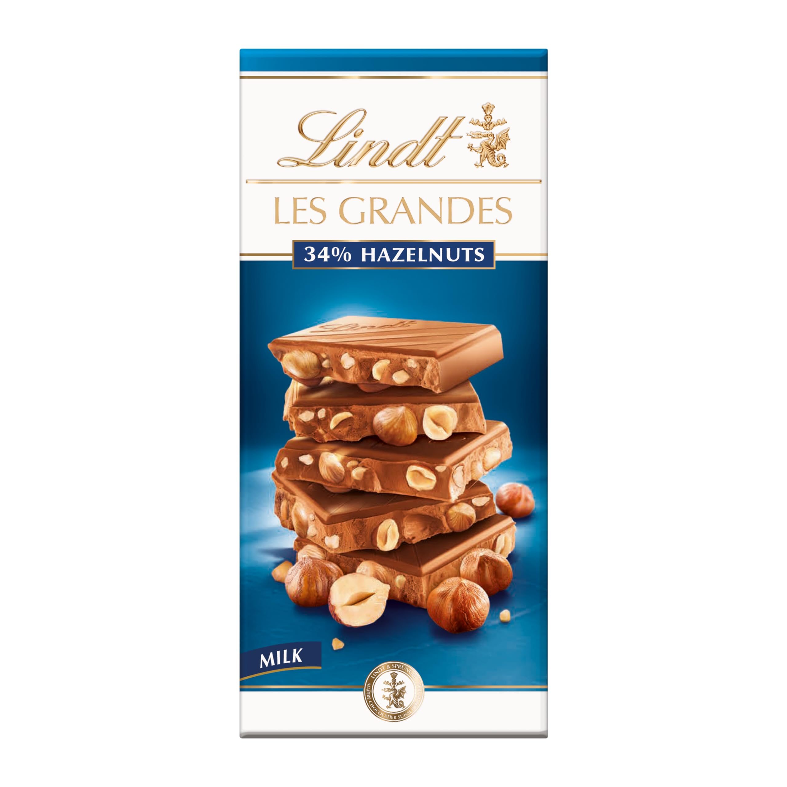 Lindt LES GRANDES Melk Hazelnoot chocoladereep 150 gram | Dikke melkchocolade met hele stukken hazelnoot