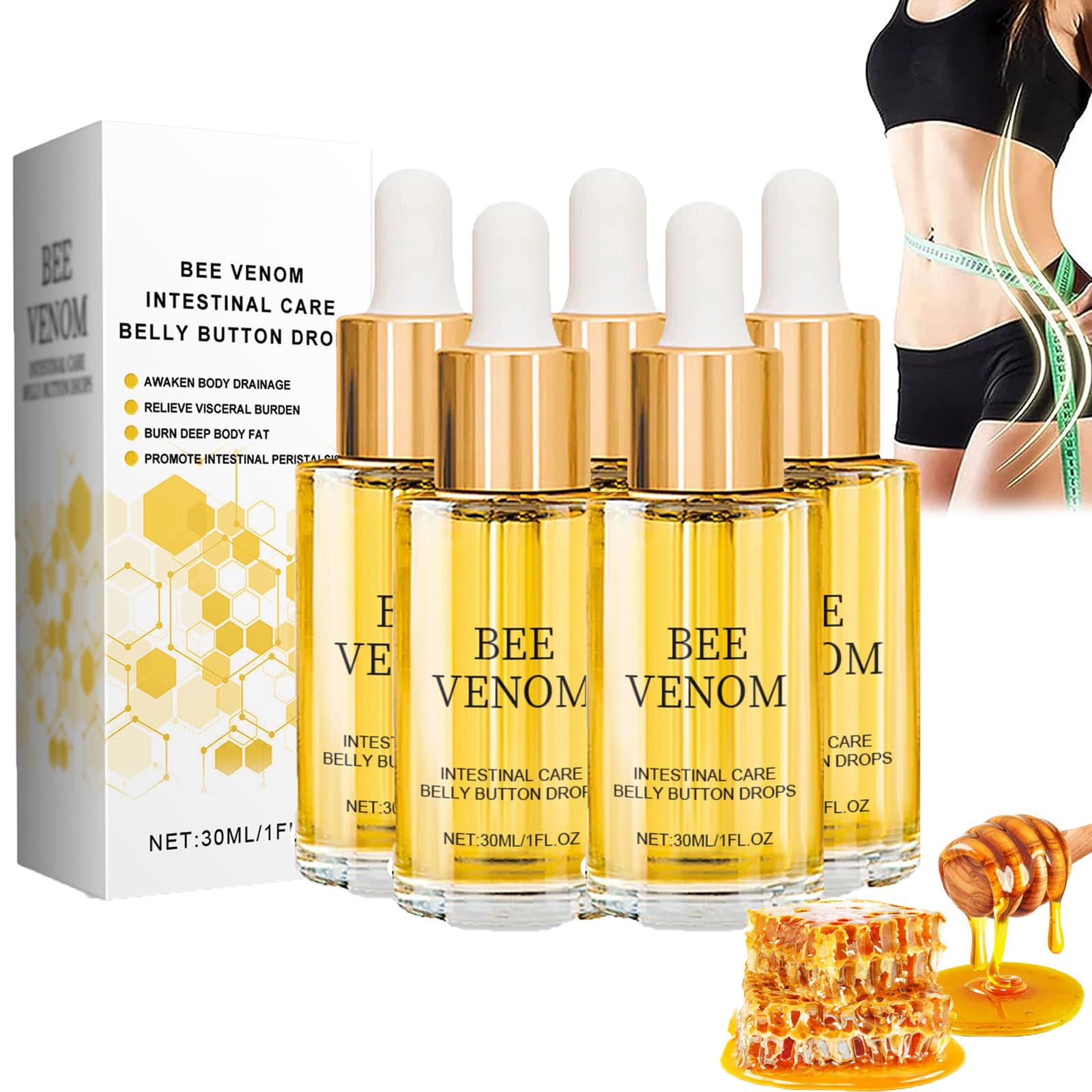 Bee Venom Drops, Bee Venom Intestinal Detox Belly Button Drops, Bee Venom Belly Button Drops, Bee Venom Oil, Bee Venom Lymphatic Drainage Drops, Cvreoz Bee Venom Slimming Oil (5PCS)