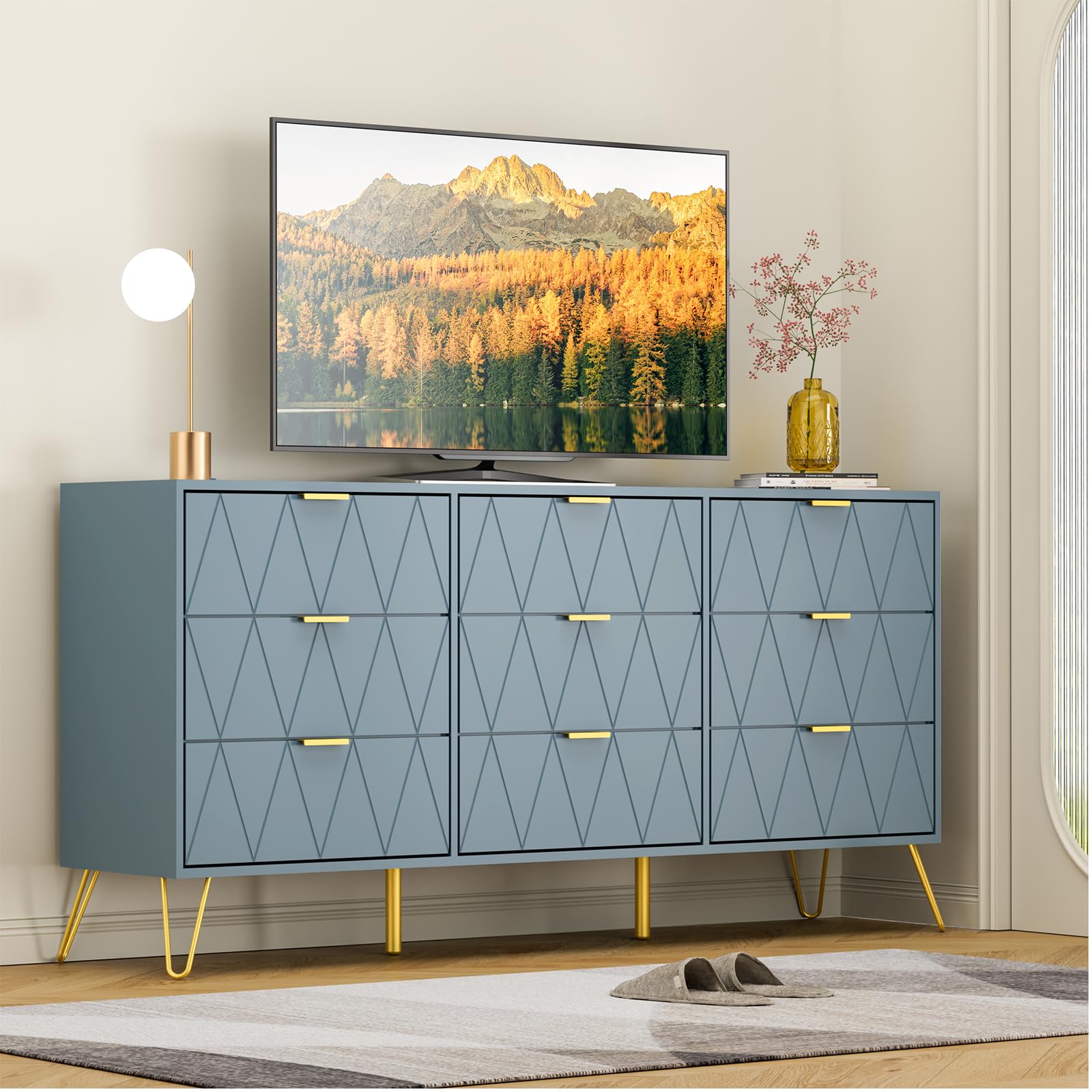 Anbuy Blue 9 Drawer Dresser for Bedroom with Gold Handles, Long Dresser & Chest of Drawers with Deep Drawers, Modern Wood Dressers for Closet Living
