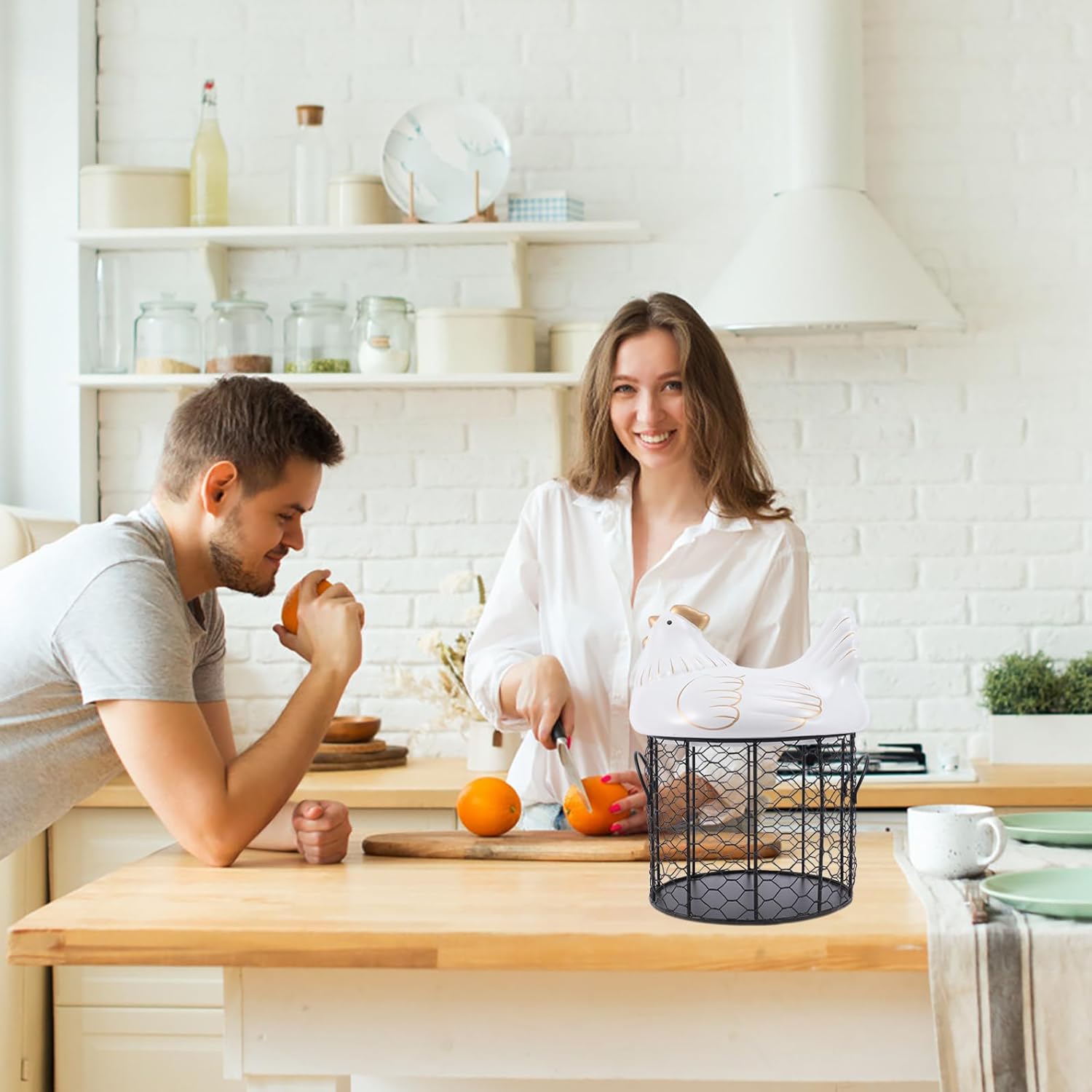 Ceramic Covered Egg Basket with Wire Storage Container White and Black Kitchen Fruit Storage Basket for Home Organization