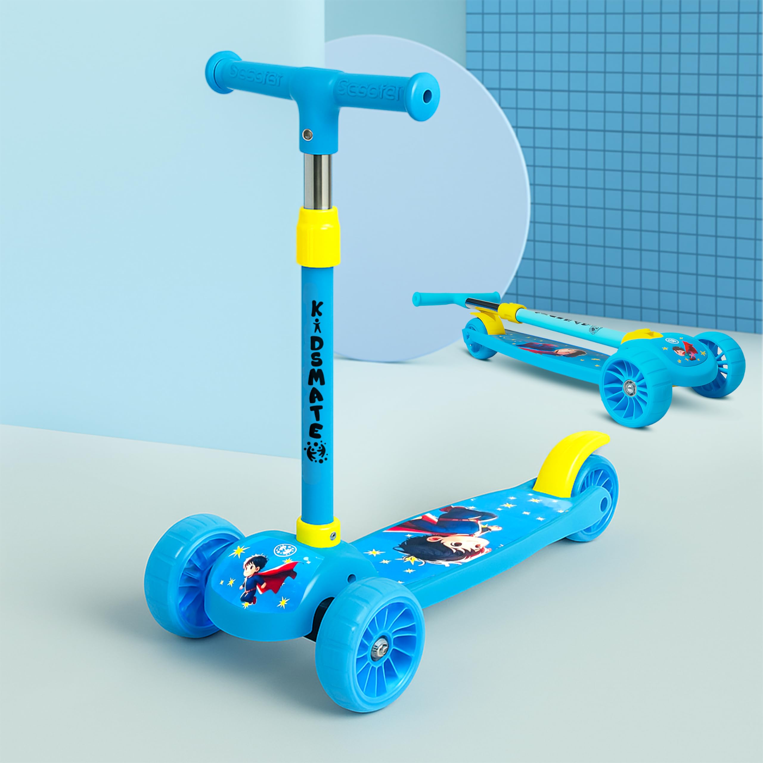 Kidsmate Cruiser Kick Scooter for Kids with Broad Wheels | 3-Wheel Skate Scooter for Boys & Girls of Ages 2-12 Years | Level Adjustable Height, and Easy Fold Design Scooter for Kids (Blue)