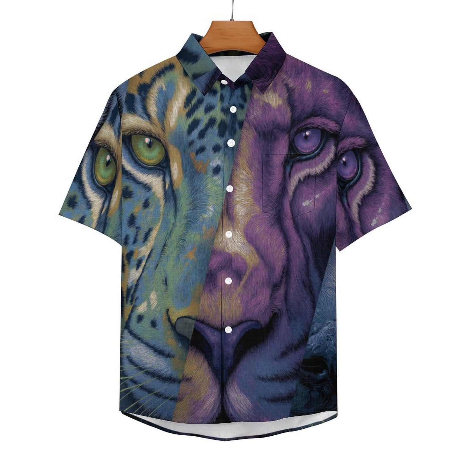 Camicia da Uomo Button Down con Stampa Tigre Ghepardo, Arte degli Animali Camicia Hawaiana Casual a Maniche Corte Camicie da Spiaggia Camicie da Vacanza