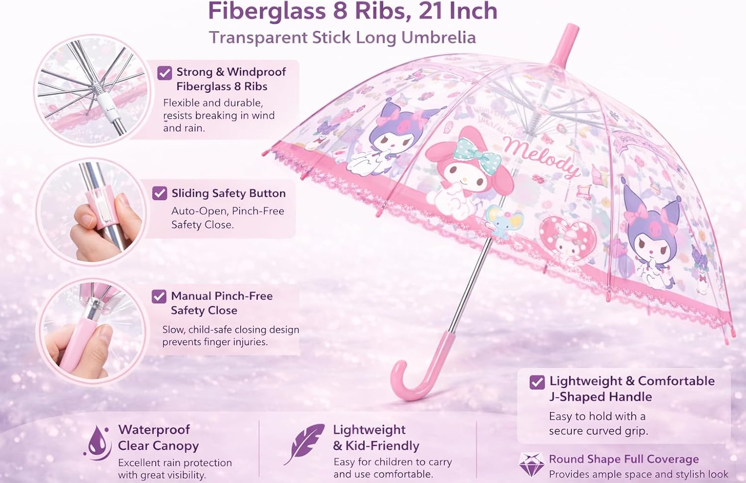 Kawaii Cute Cartoon Transparent Auto Open Stick Umbrella. Round Type Deep Tension Stylish and Very Popular. Best Gift. 8 Bones 21.6" Each is Made of Lightweight, Durable, and Break-Resistant Fiberglass.