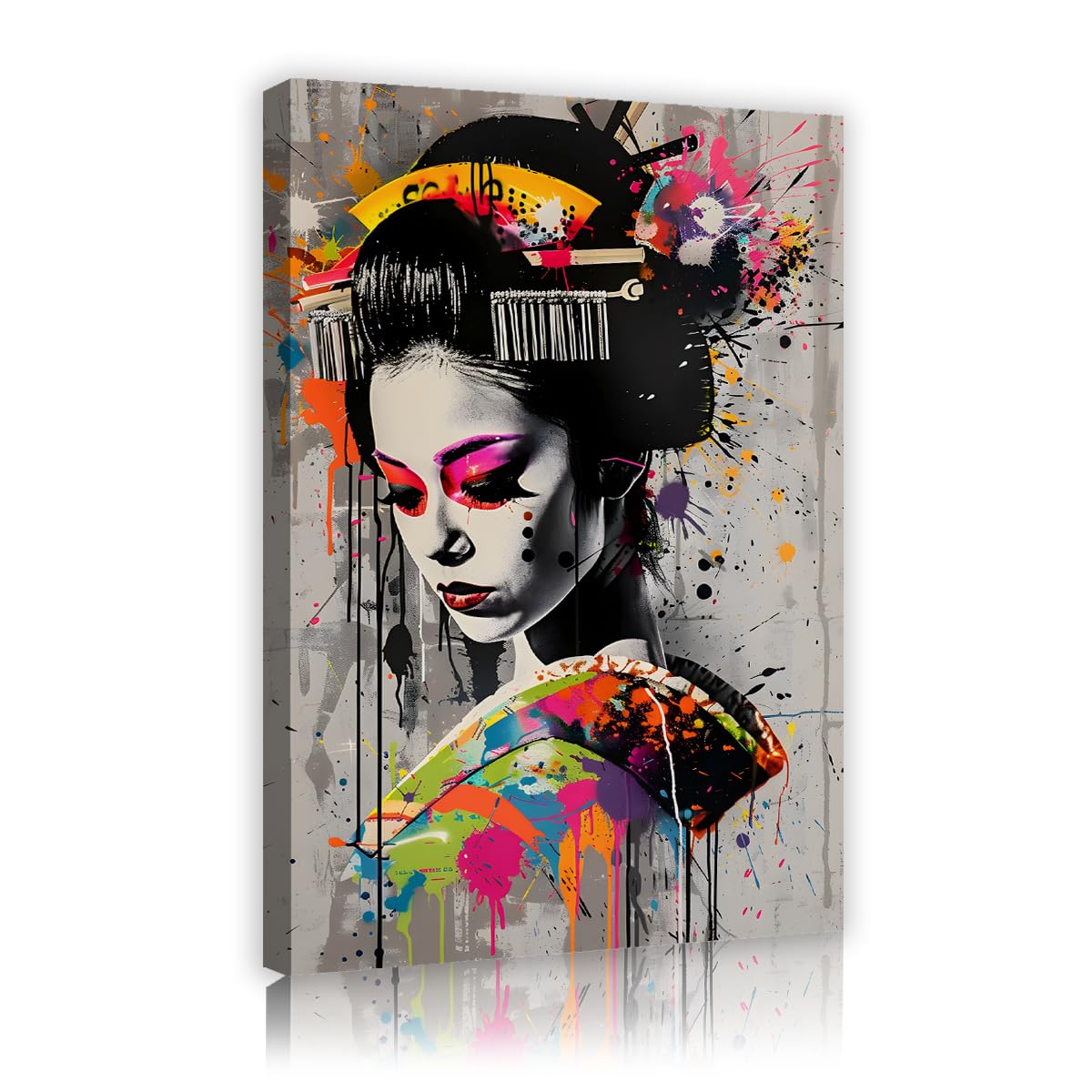 Via Vela Abstract Japanese Geisha Street Graffiti Wall Art Modern Pop Art Asian Woman Portrait Contemporary Print Color Splash Pictures Canvas Painting Artwork for Living Room Office Decor 80x120cm