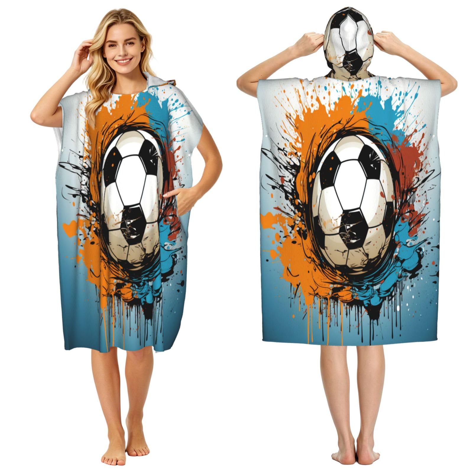 DTHKJNLSF Multicolored Soccer Ball Adult Hooded Beach Poncho Towel
