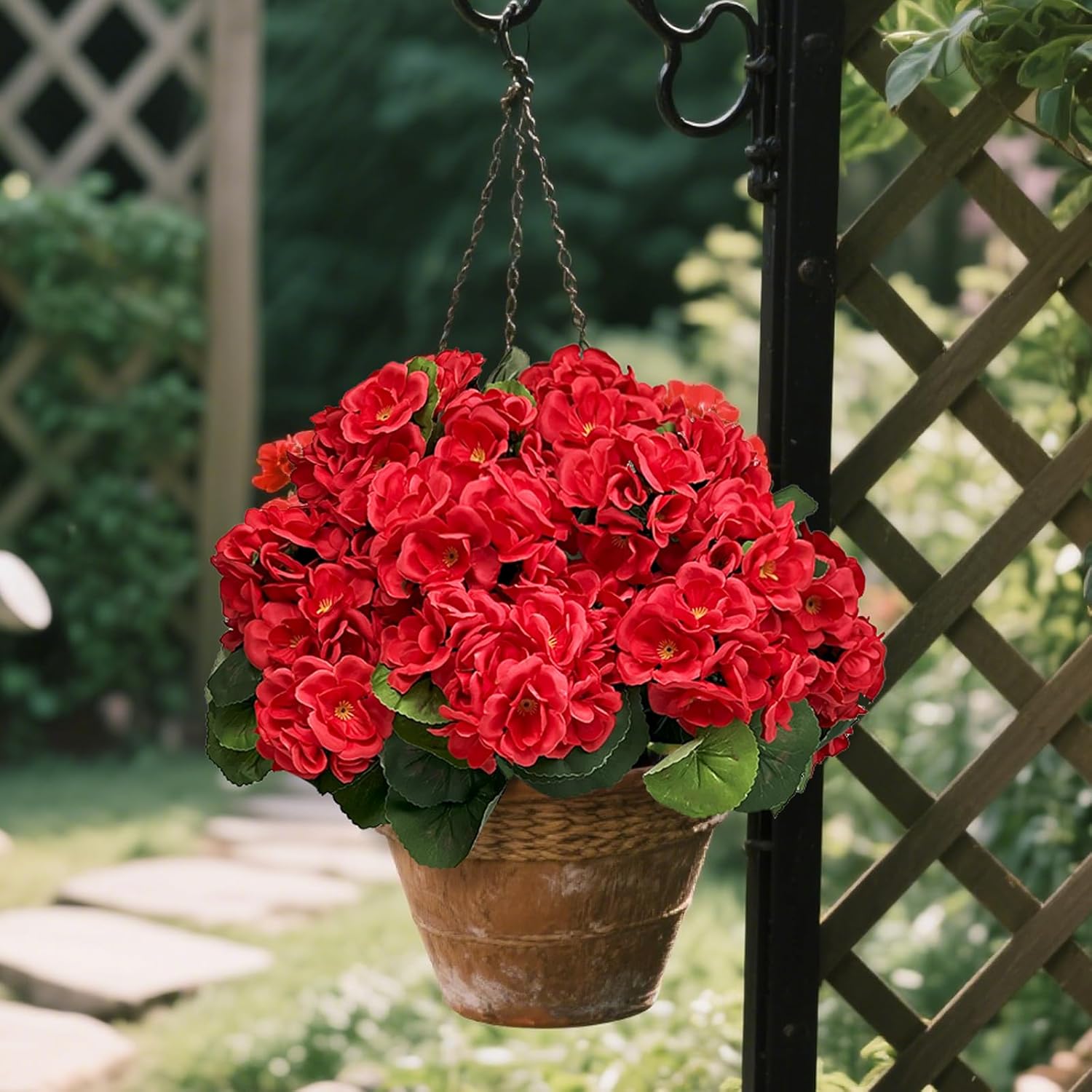 6 Bundles 15" Artificial Geranium Fake Flowers for Outdoor Decoration - Fake Silk Faux Plants UV Resistant for Front Door Planter Outside Balcony Yard Porch Garden Patio Home Decor(Red) - Image 2